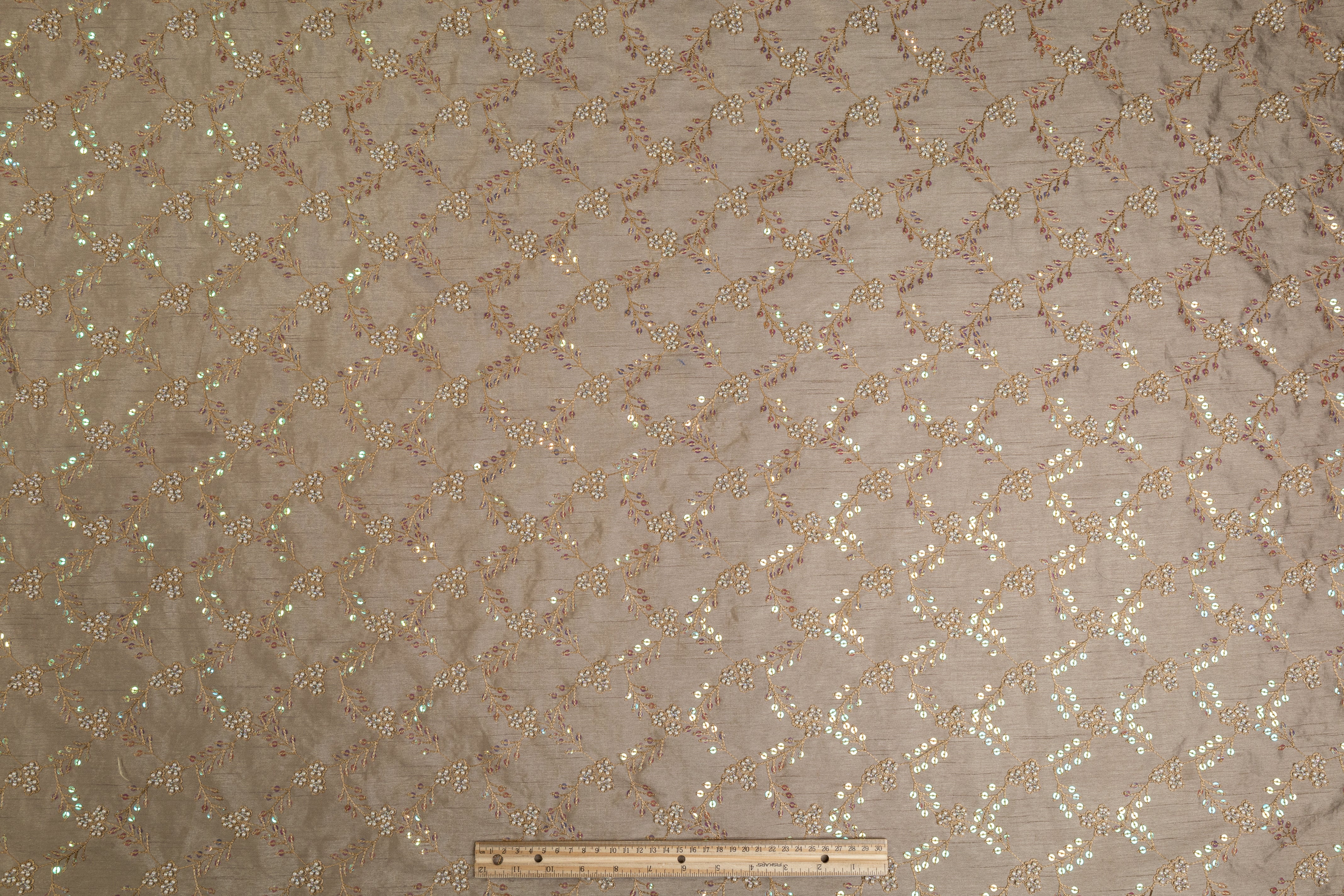 Embroidered and Beaded Poly Shantung - Khaki