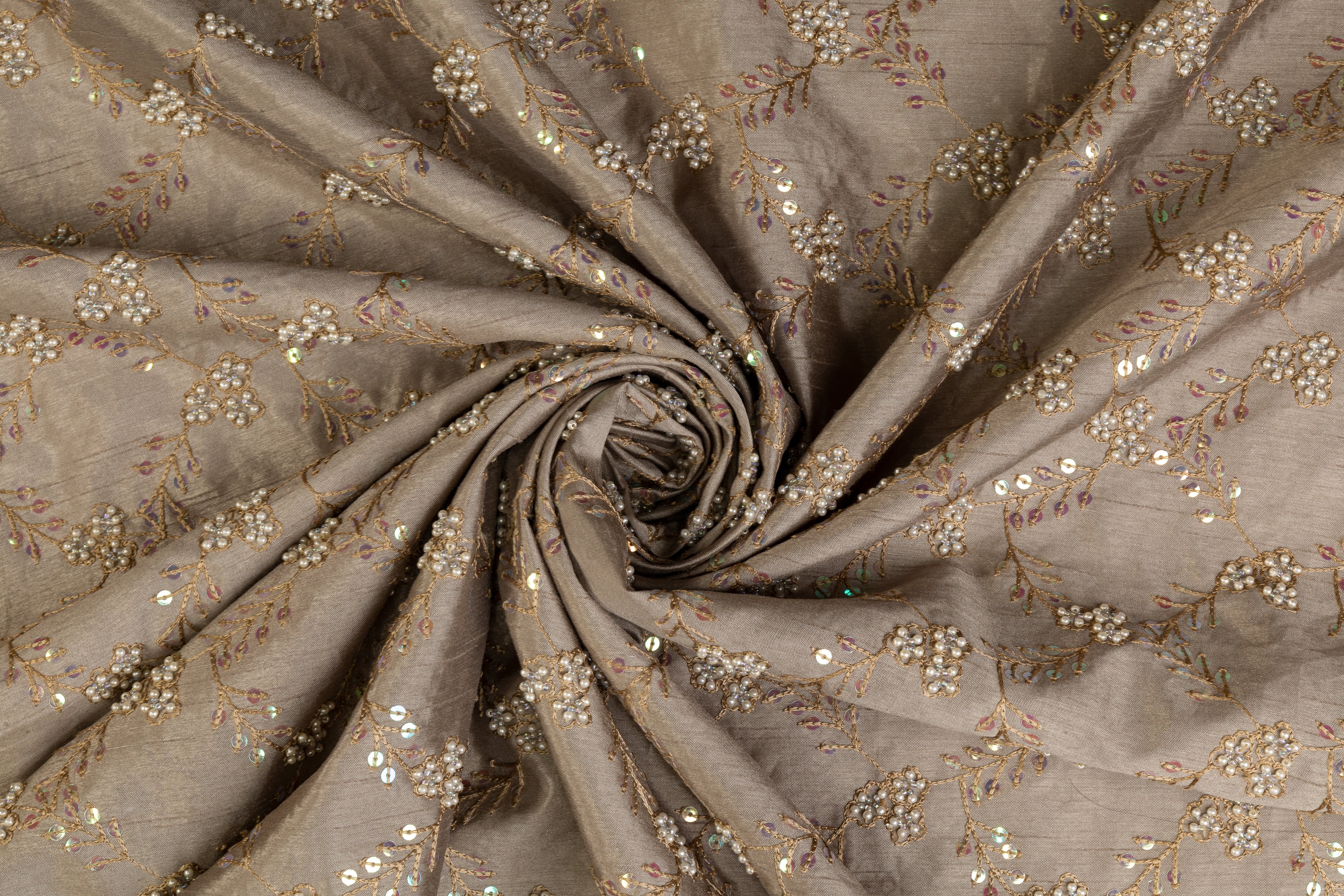 Embroidered and Beaded Poly Shantung - Khaki