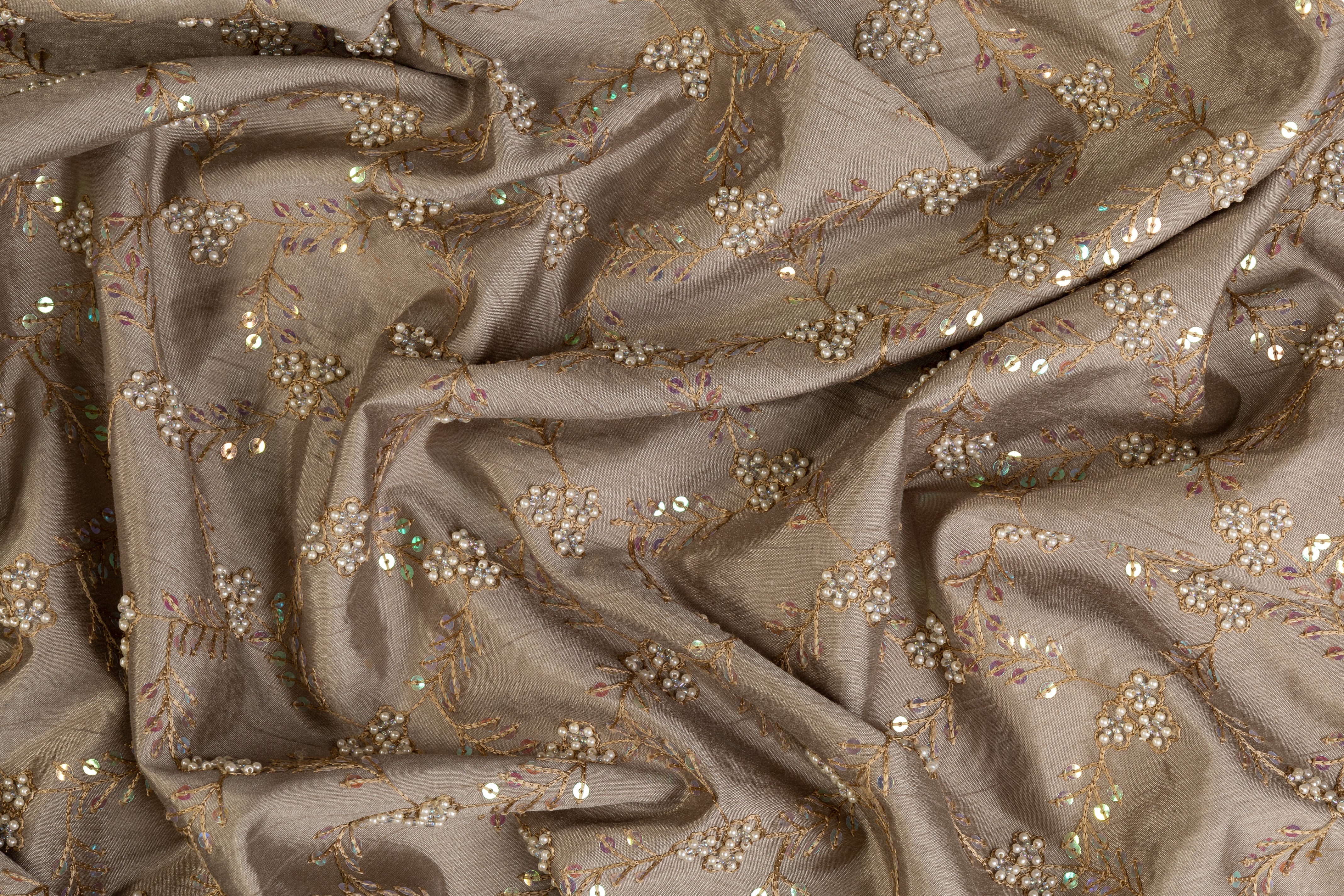 Embroidered and Beaded Poly Shantung - Khaki