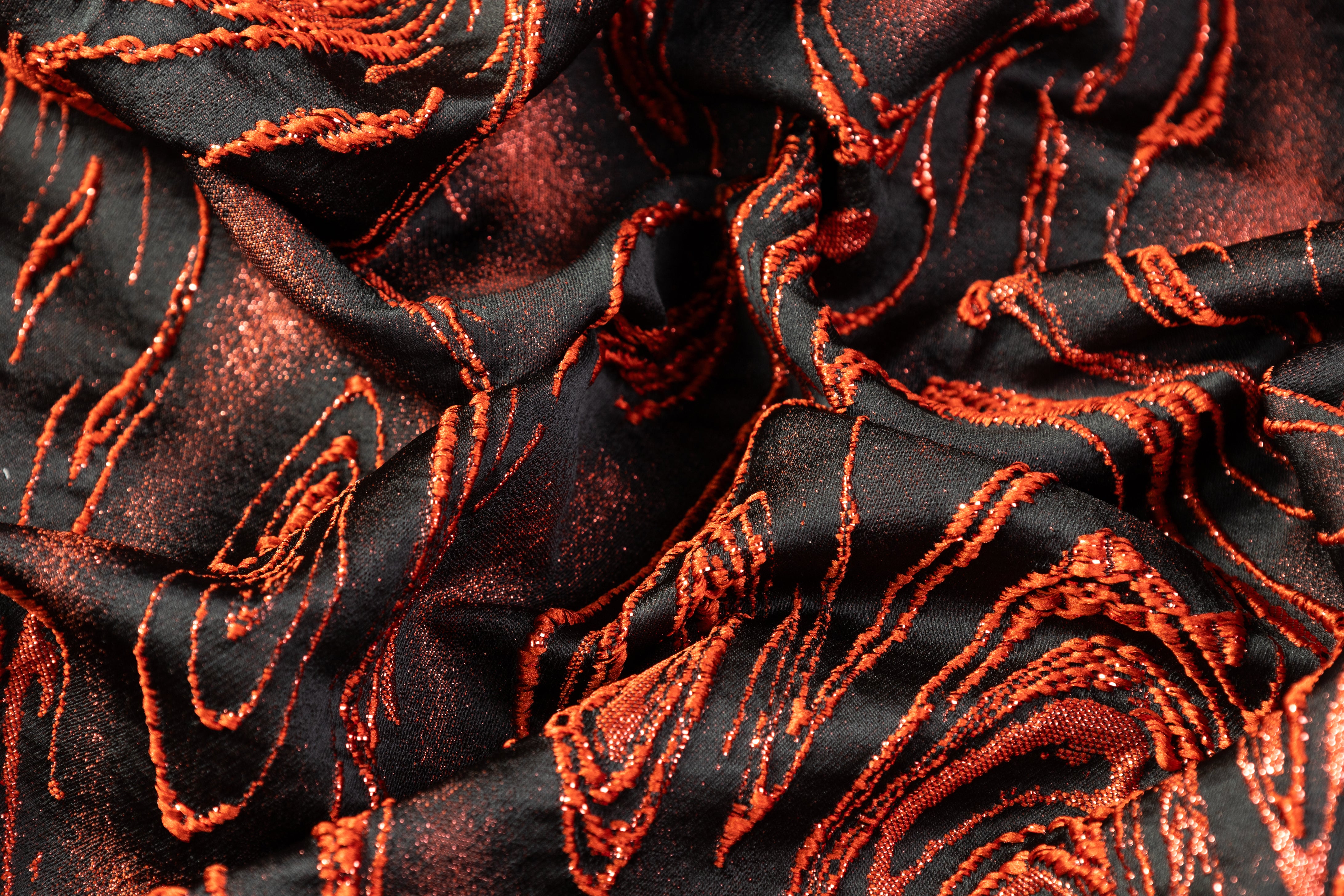 Abstract Metallic Italian Cloqué Brocade - Orange / Black