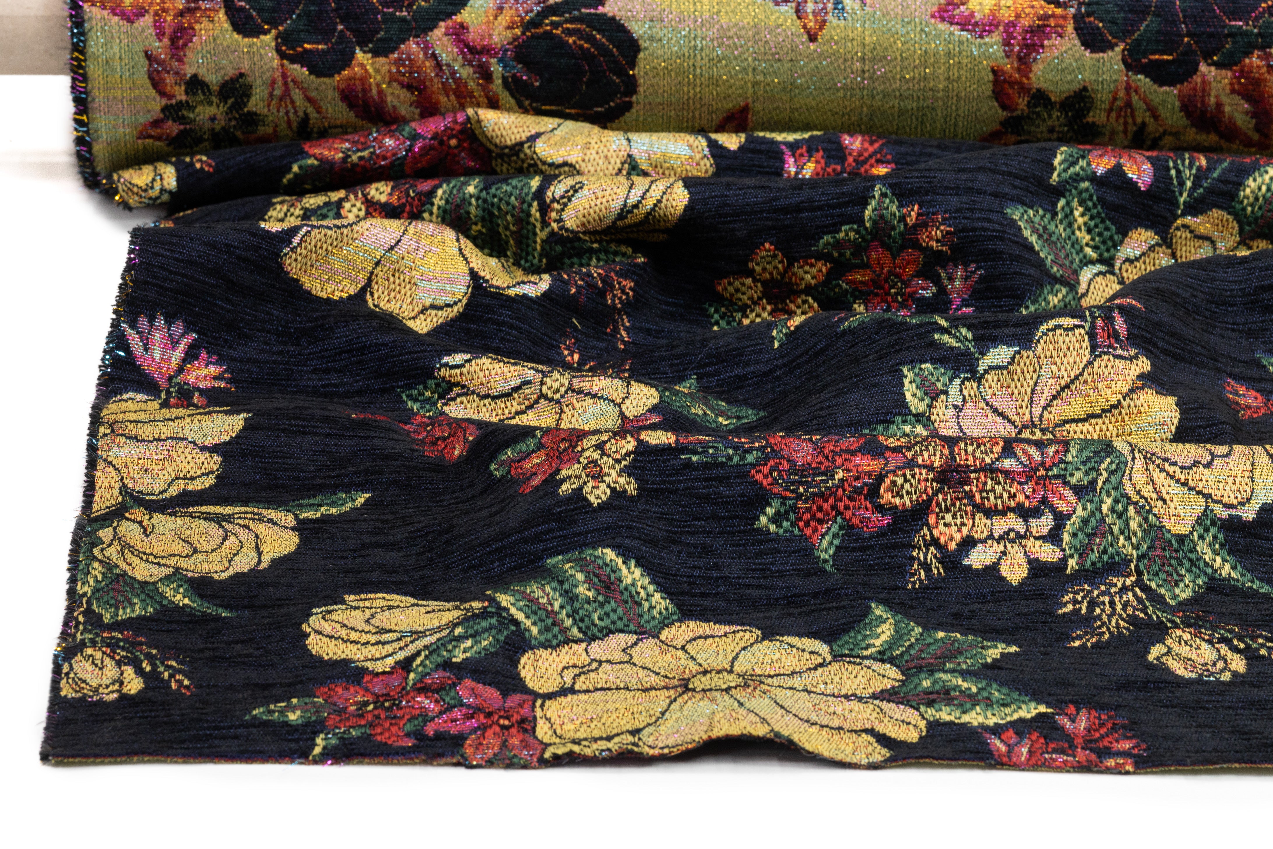 Floral Metallic Italian Chenille Brocade - Black / Navy