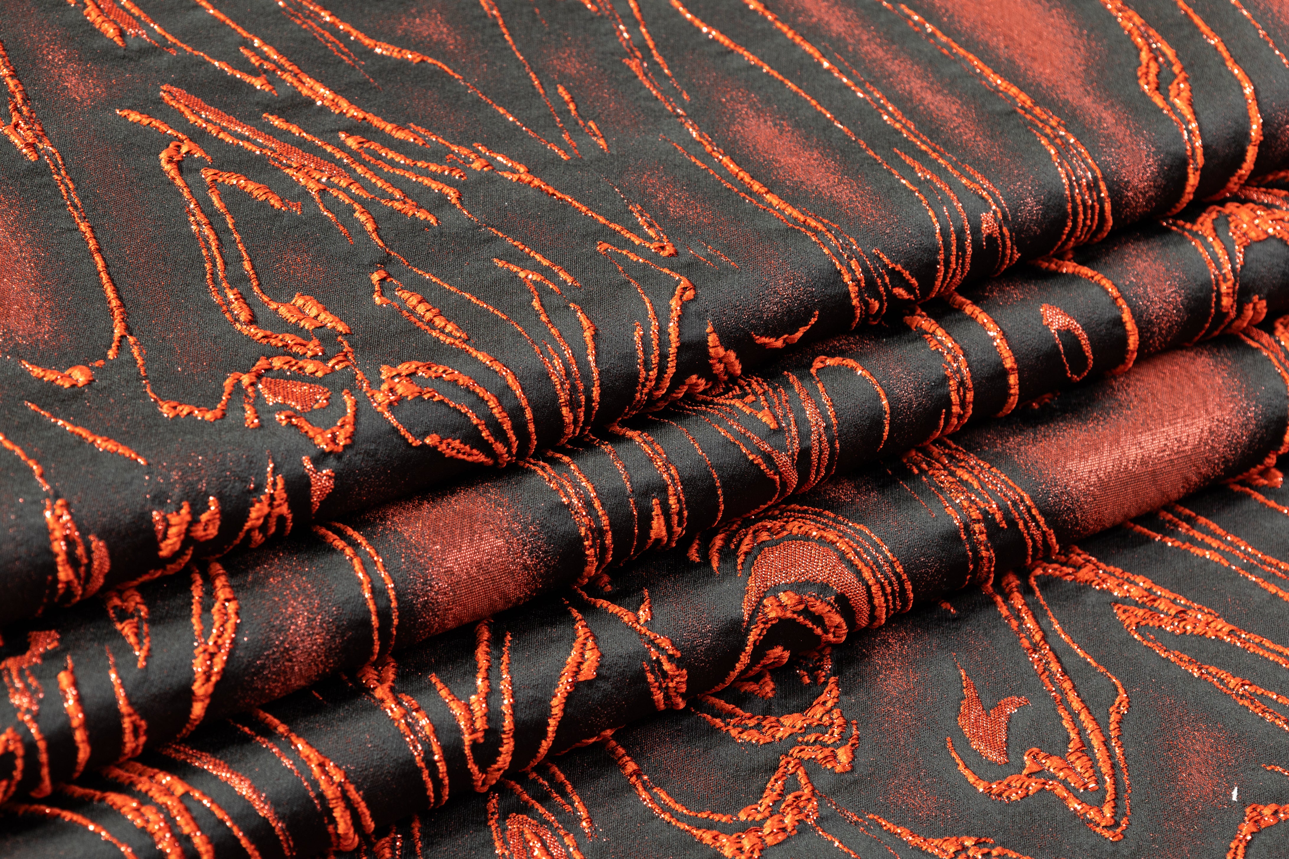 Abstract Metallic Italian Cloqué Brocade - Orange / Black