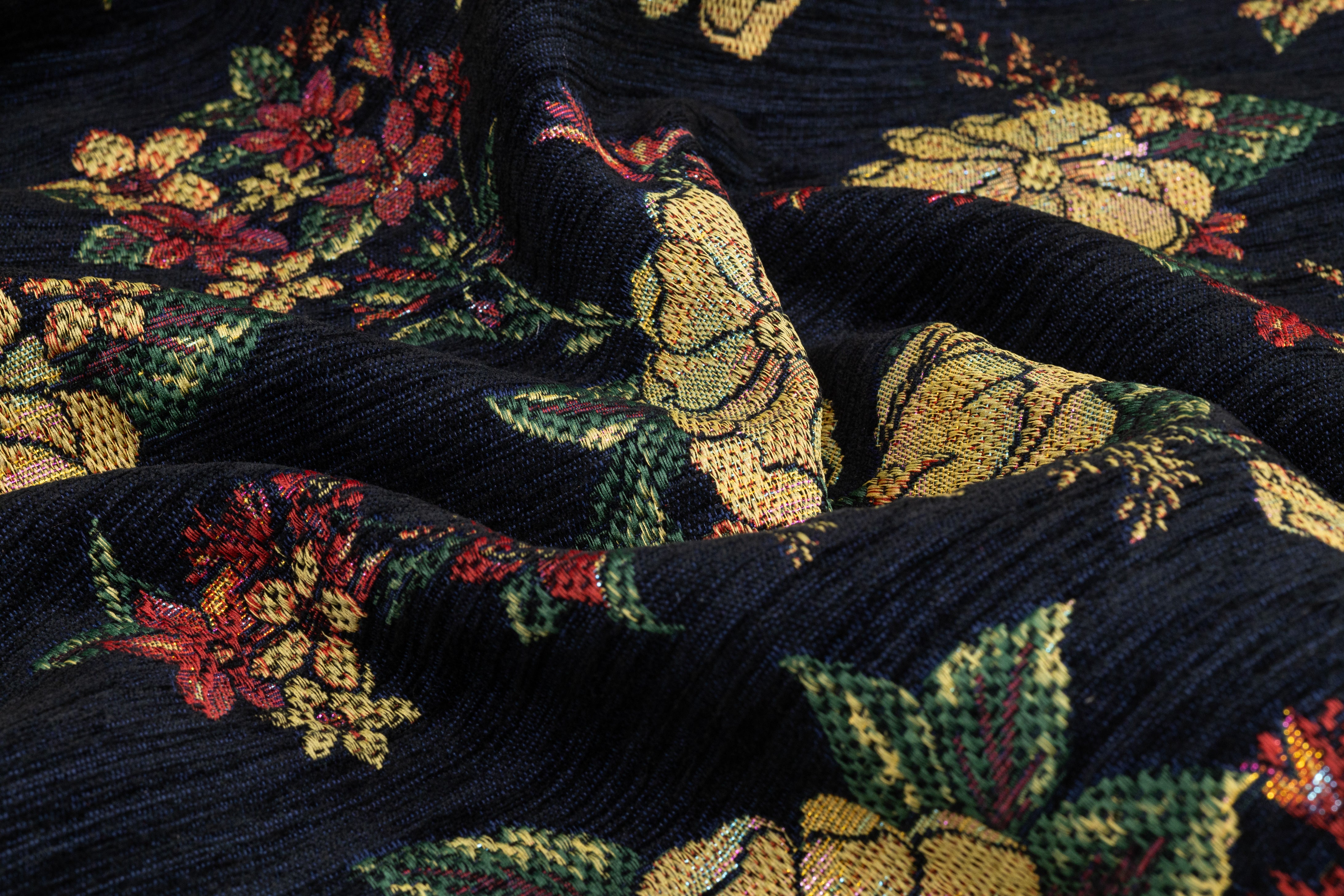 Floral Metallic Italian Chenille Brocade - Black / Navy