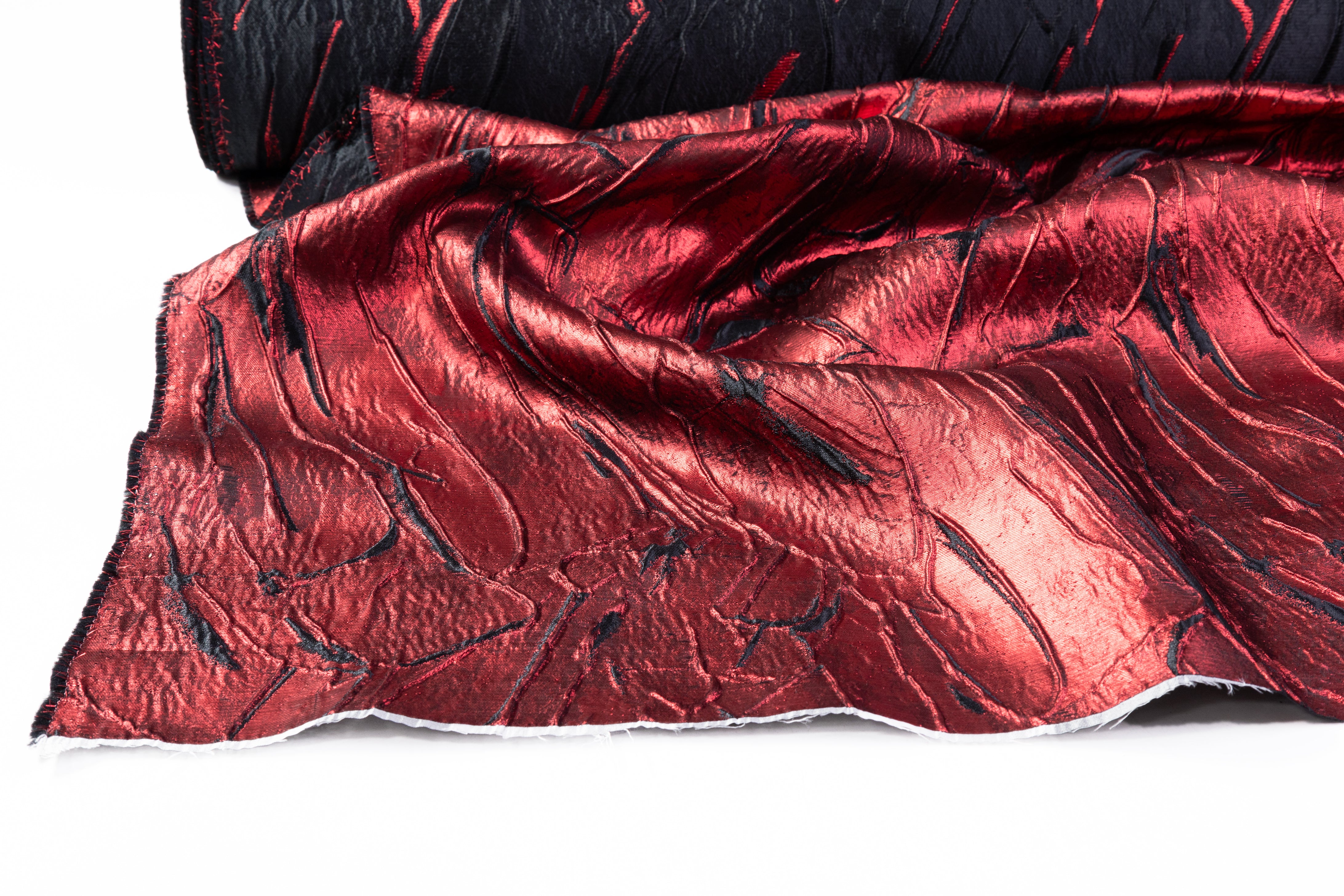Abstract Metallic Silk Blend Cloqué Brocade - Red / Black