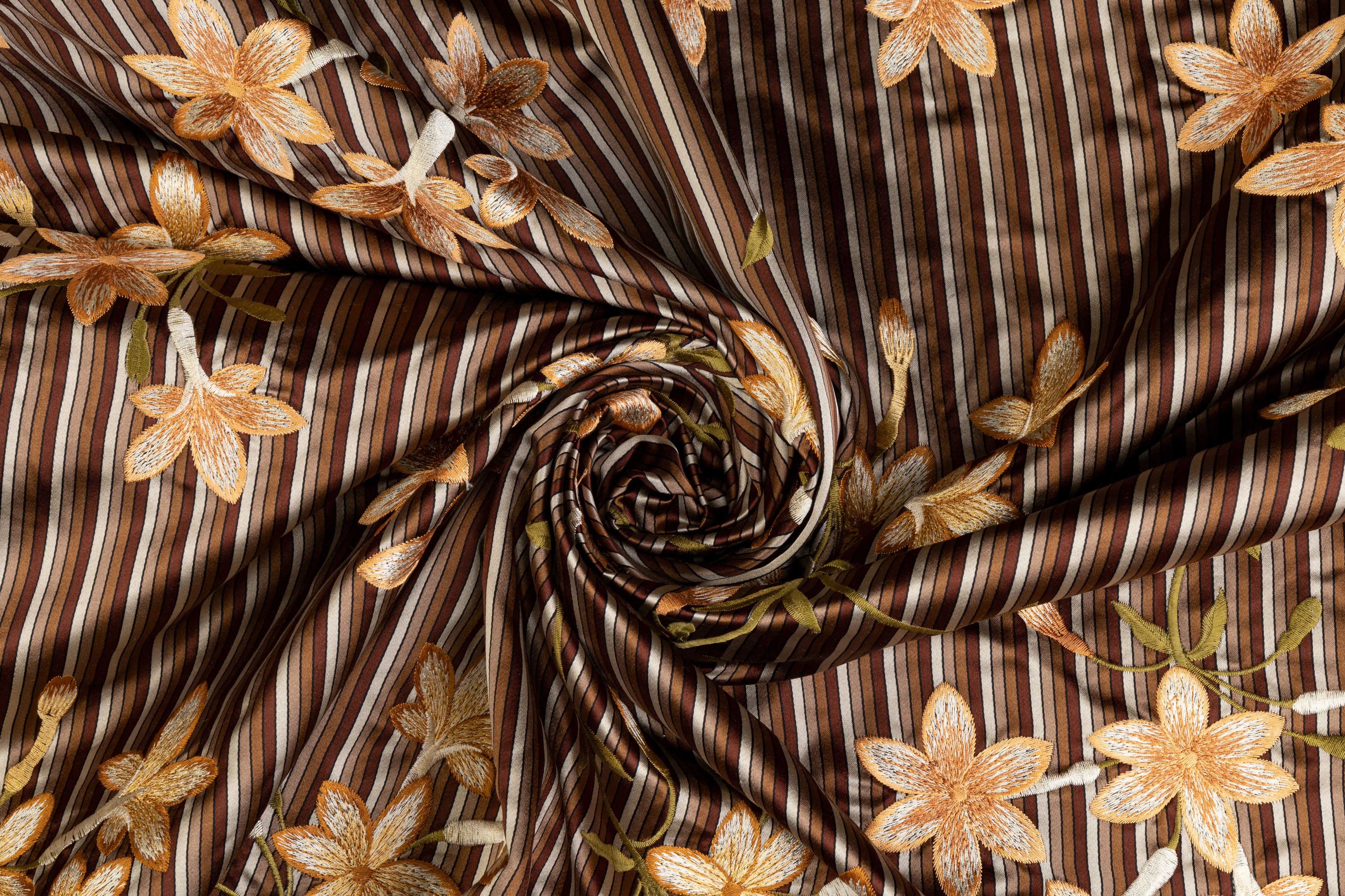 Floral Embroidered Silk Satin - Brown