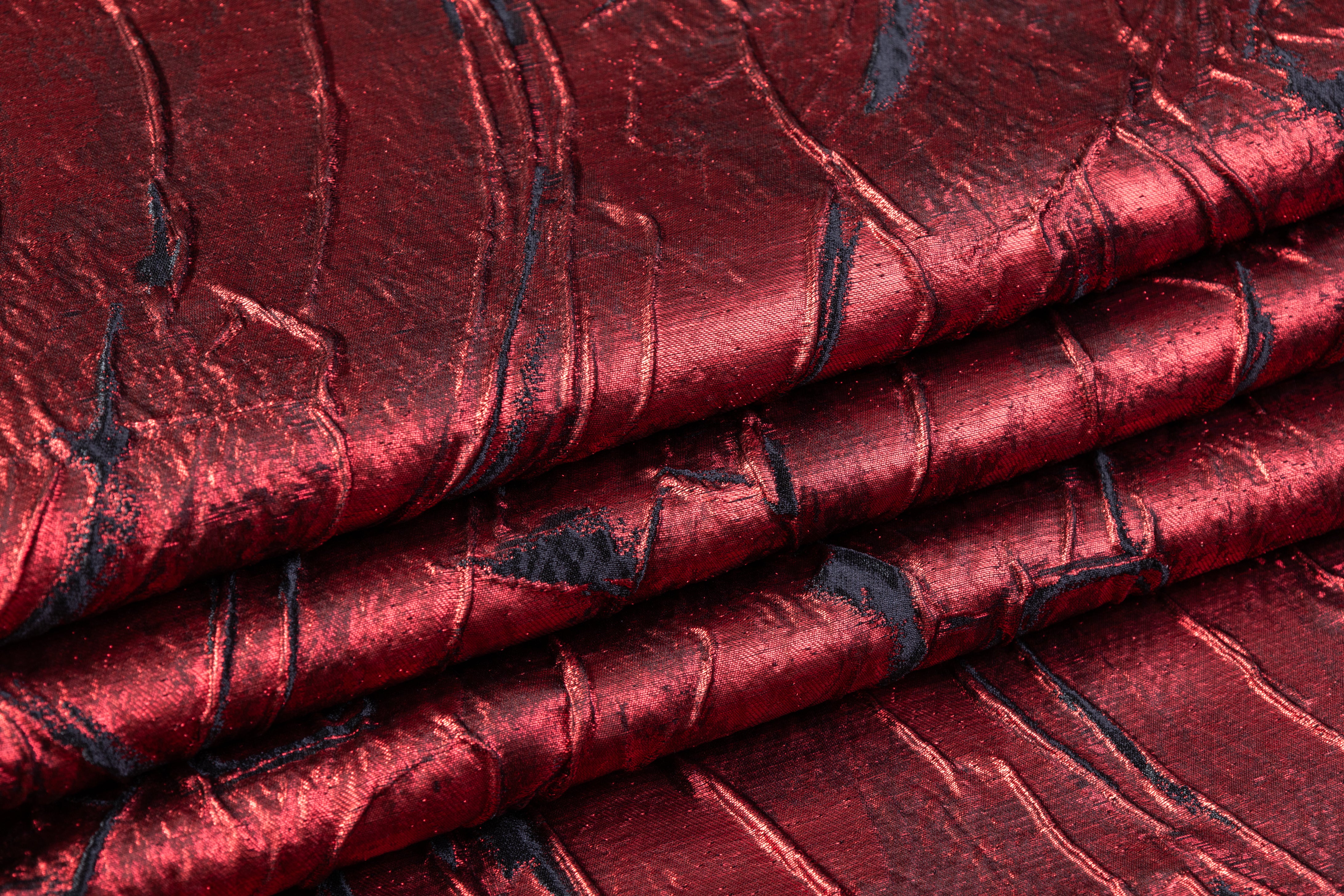 Abstract Metallic Silk Blend Cloqué Brocade - Red / Black