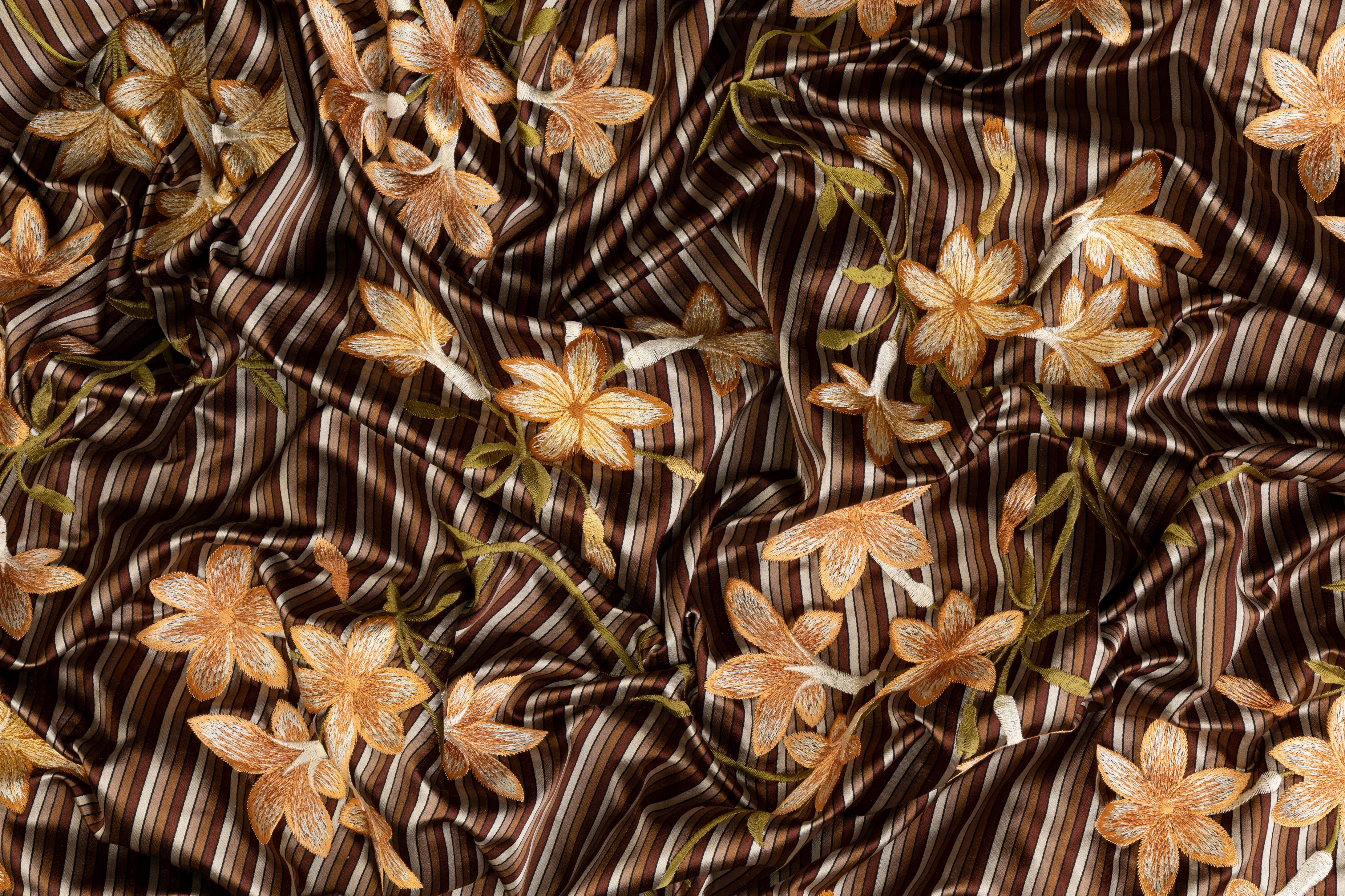 Floral Embroidered Silk Satin - Brown