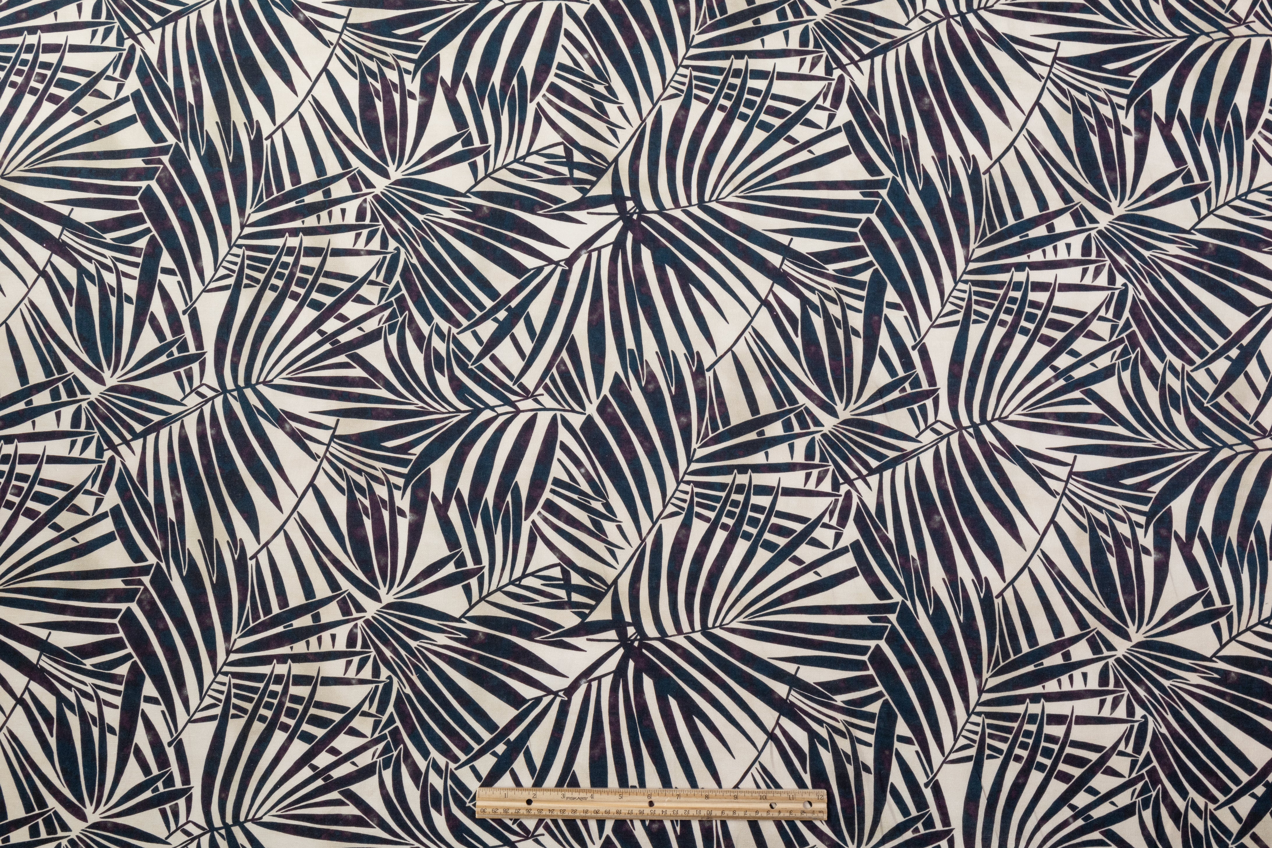 Palm Leaf Printed Italian Linen - Deep Teal / Purple / Beige