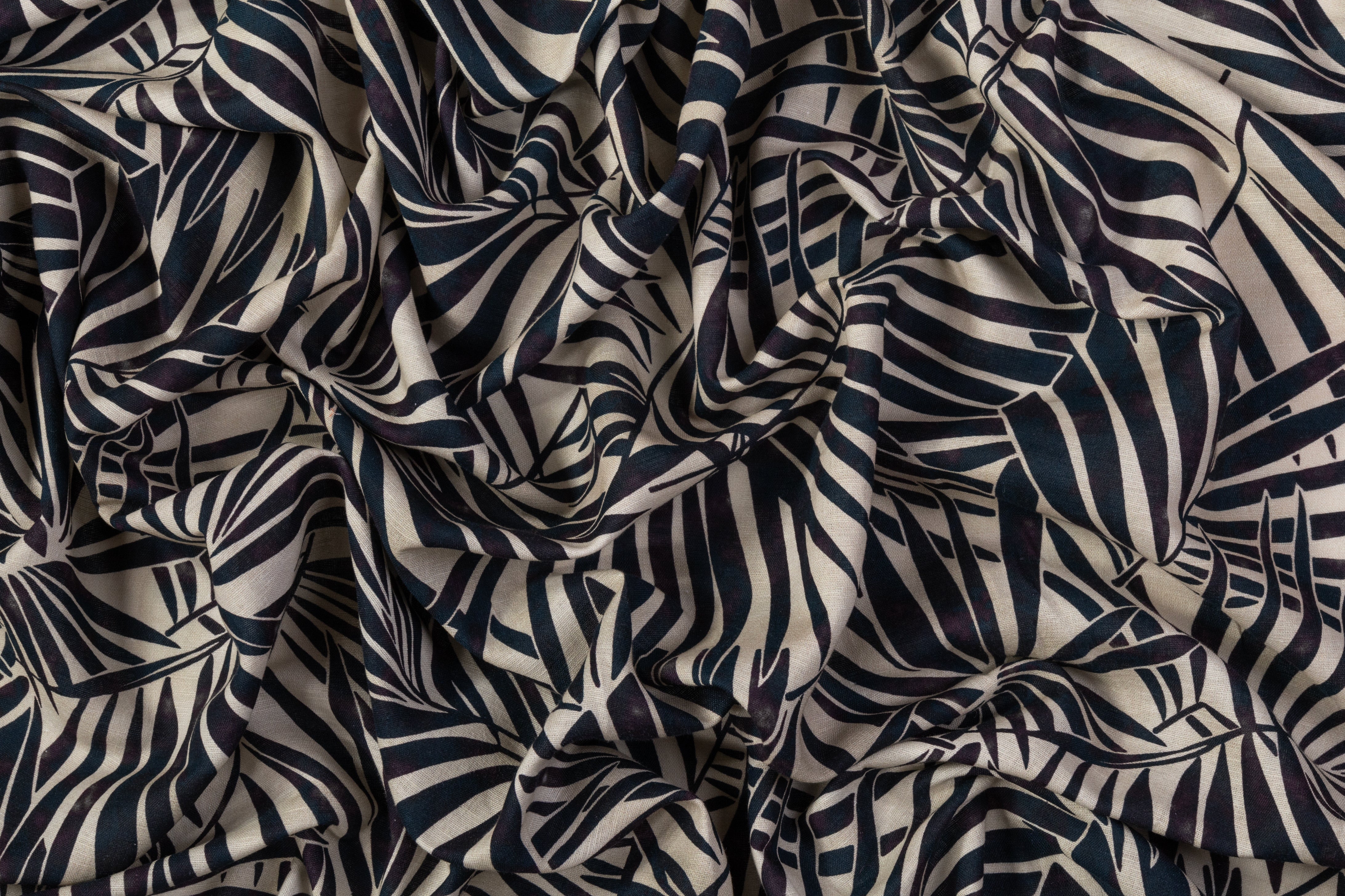 Palm Leaf Printed Italian Linen - Deep Teal / Purple / Beige