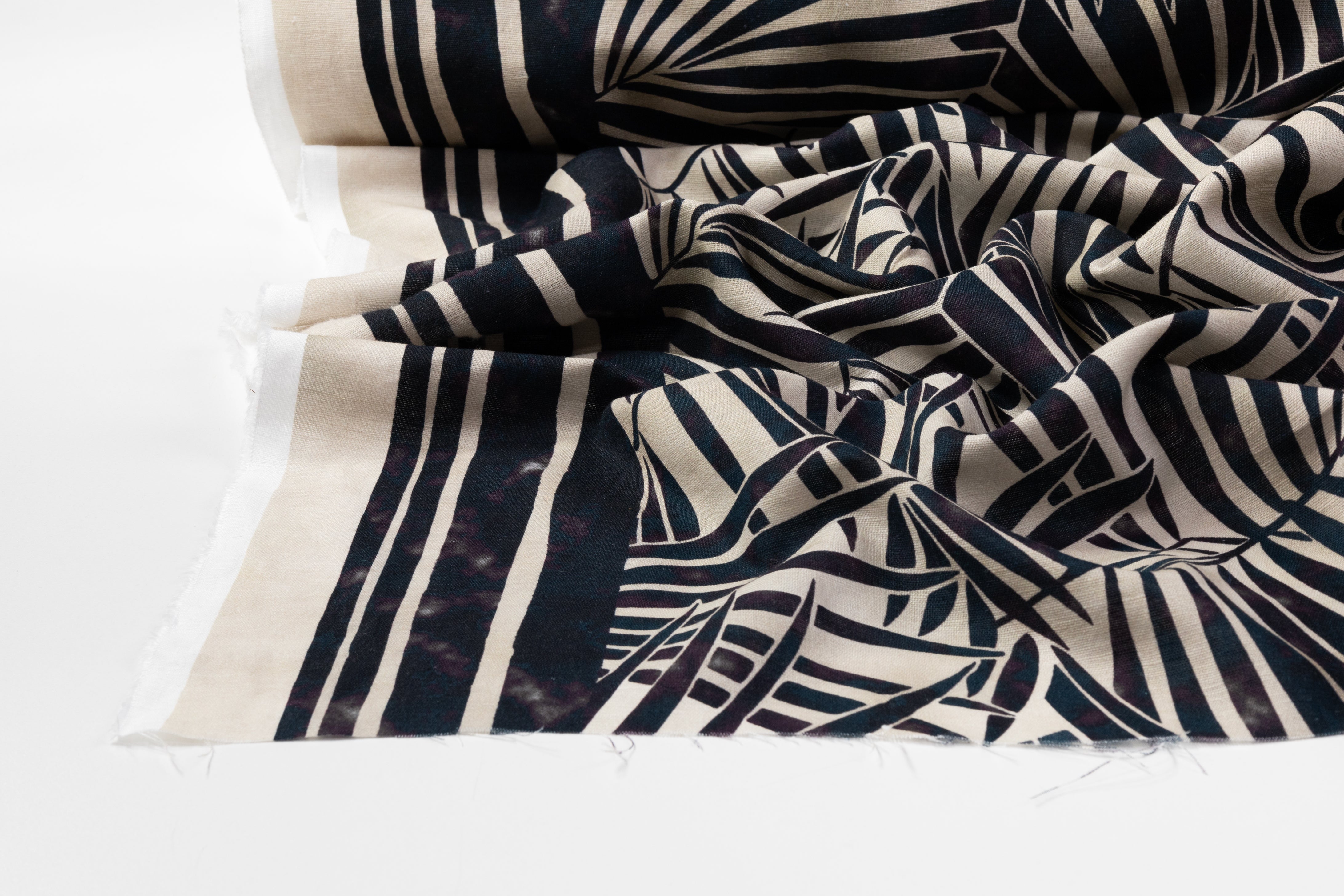 Palm Leaf Printed Italian Linen - Deep Teal / Purple / Beige