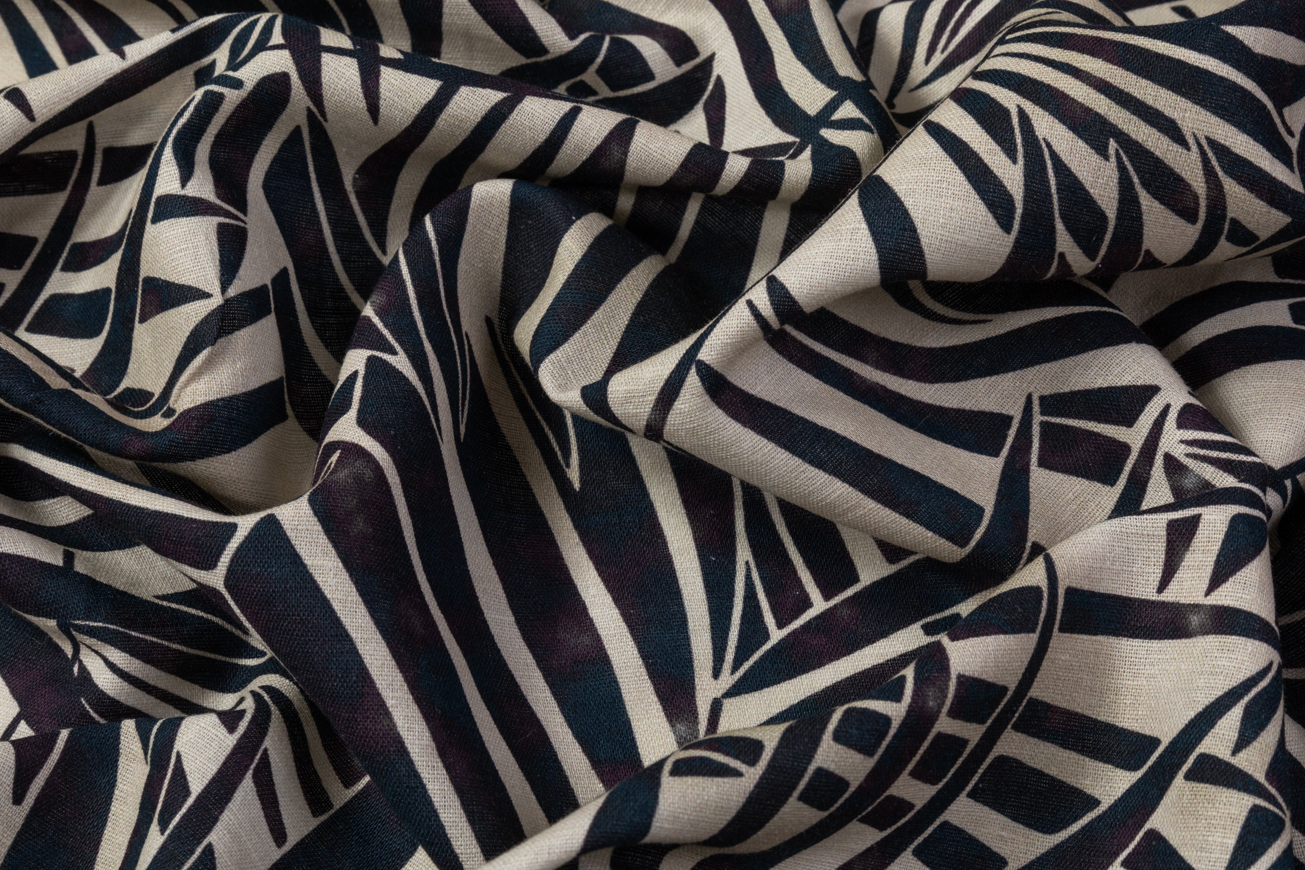 Palm Leaf Printed Italian Linen - Deep Teal / Purple / Beige