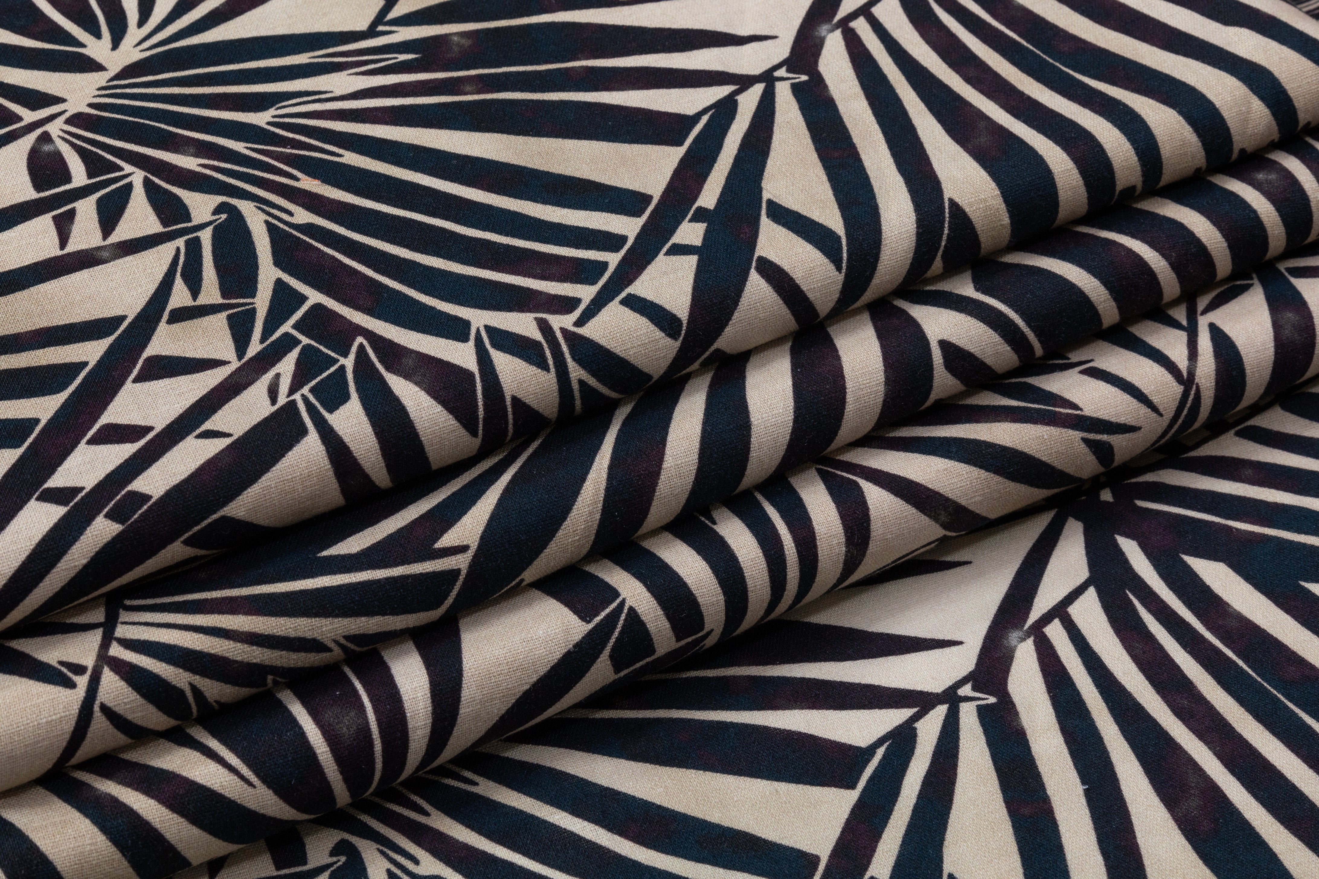 Palm Leaf Printed Italian Linen - Deep Teal / Purple / Beige