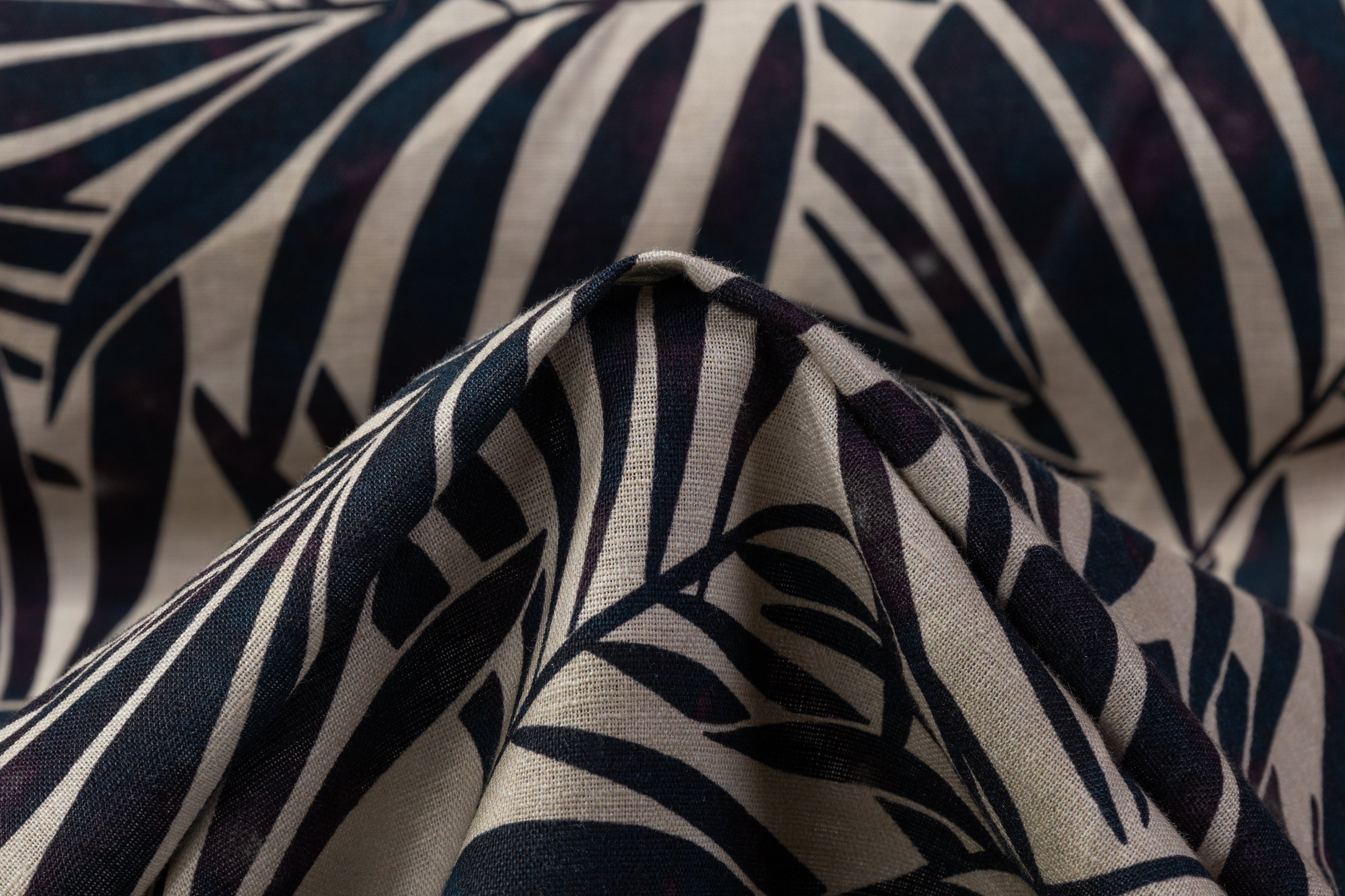 Palm Leaf Printed Italian Linen - Deep Teal / Purple / Beige