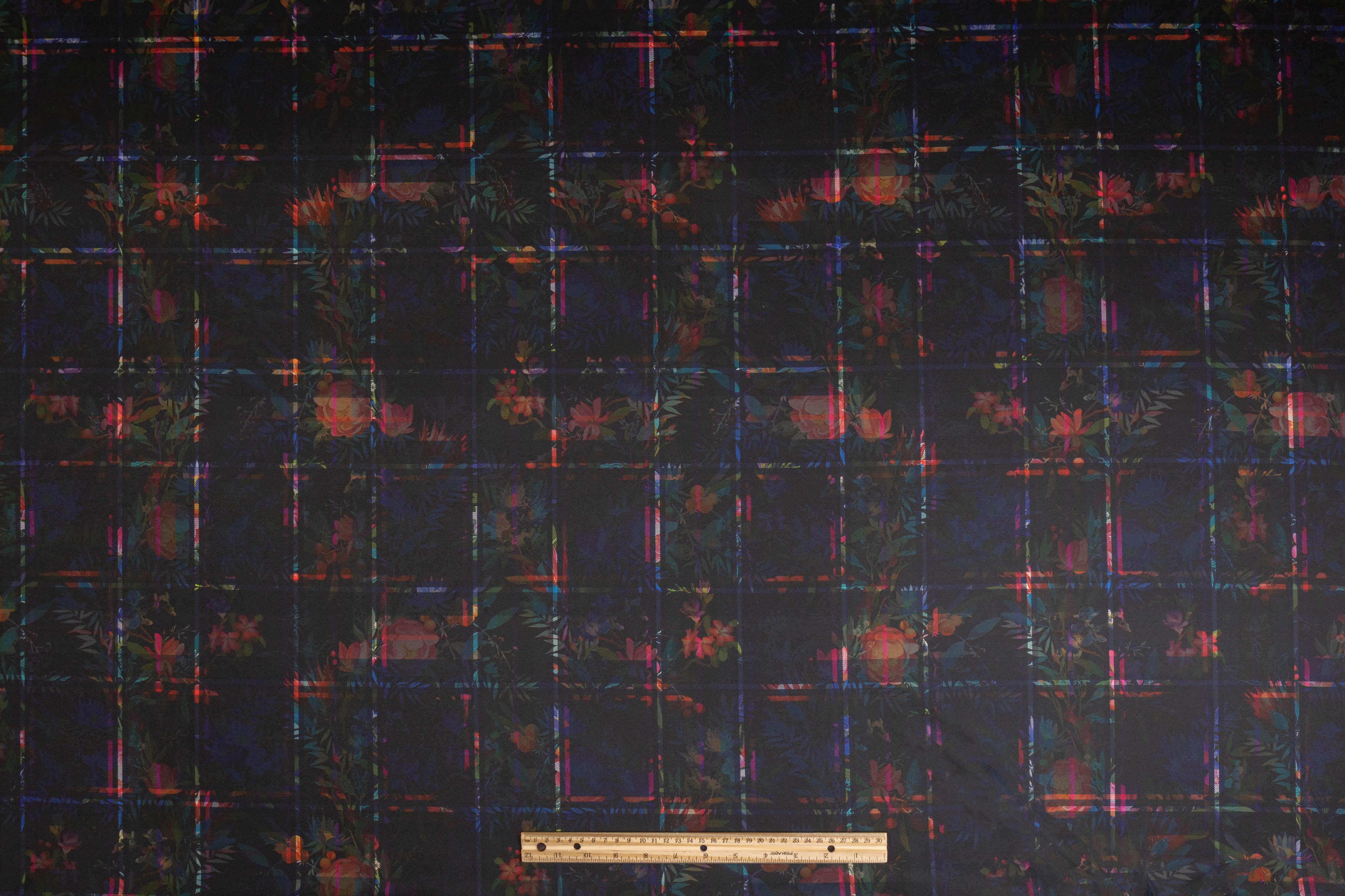 Tropical Windowpane Printed Poly Satin - Navy / Multicolor