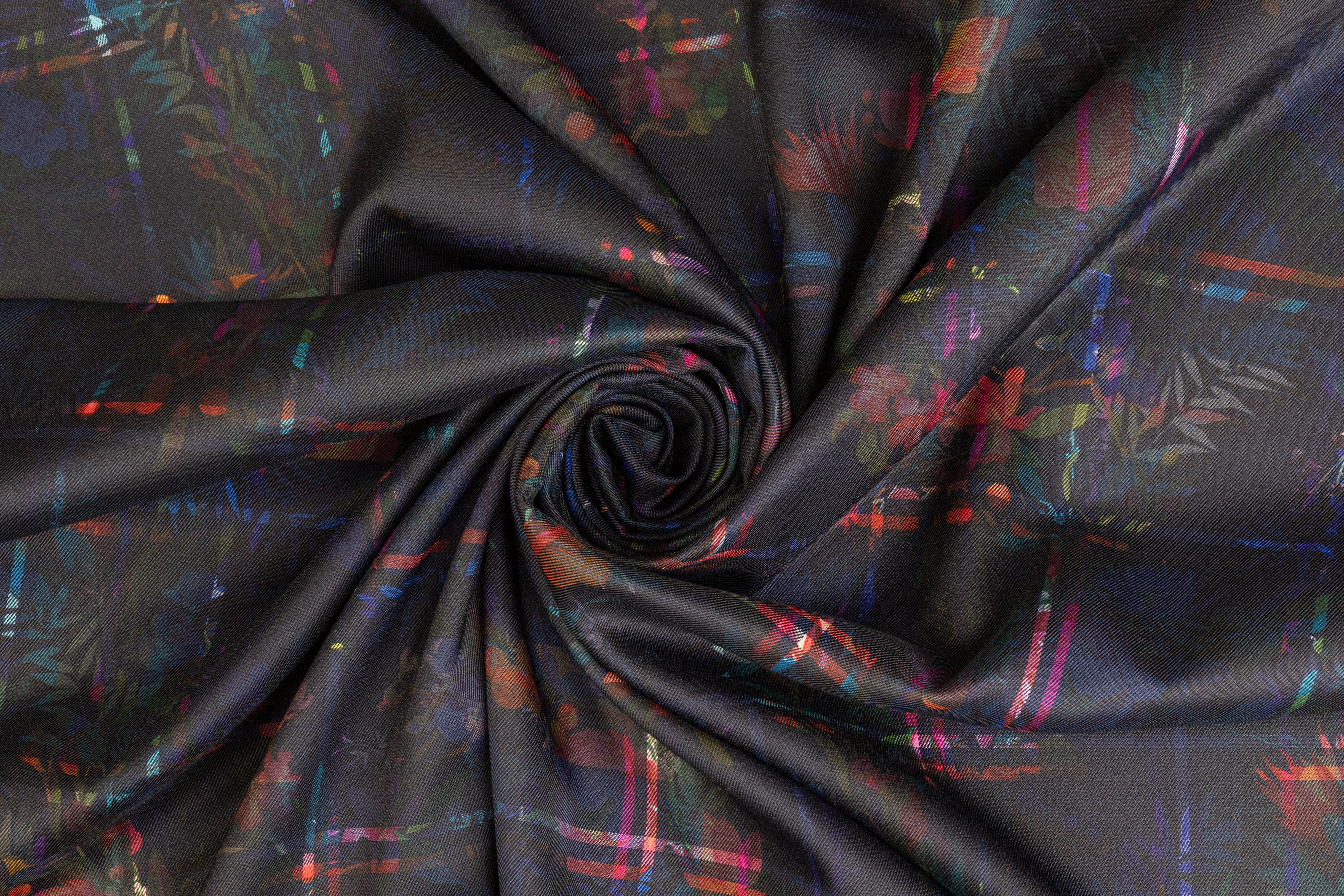 Tropical Windowpane Printed Poly Satin - Navy / Multicolor