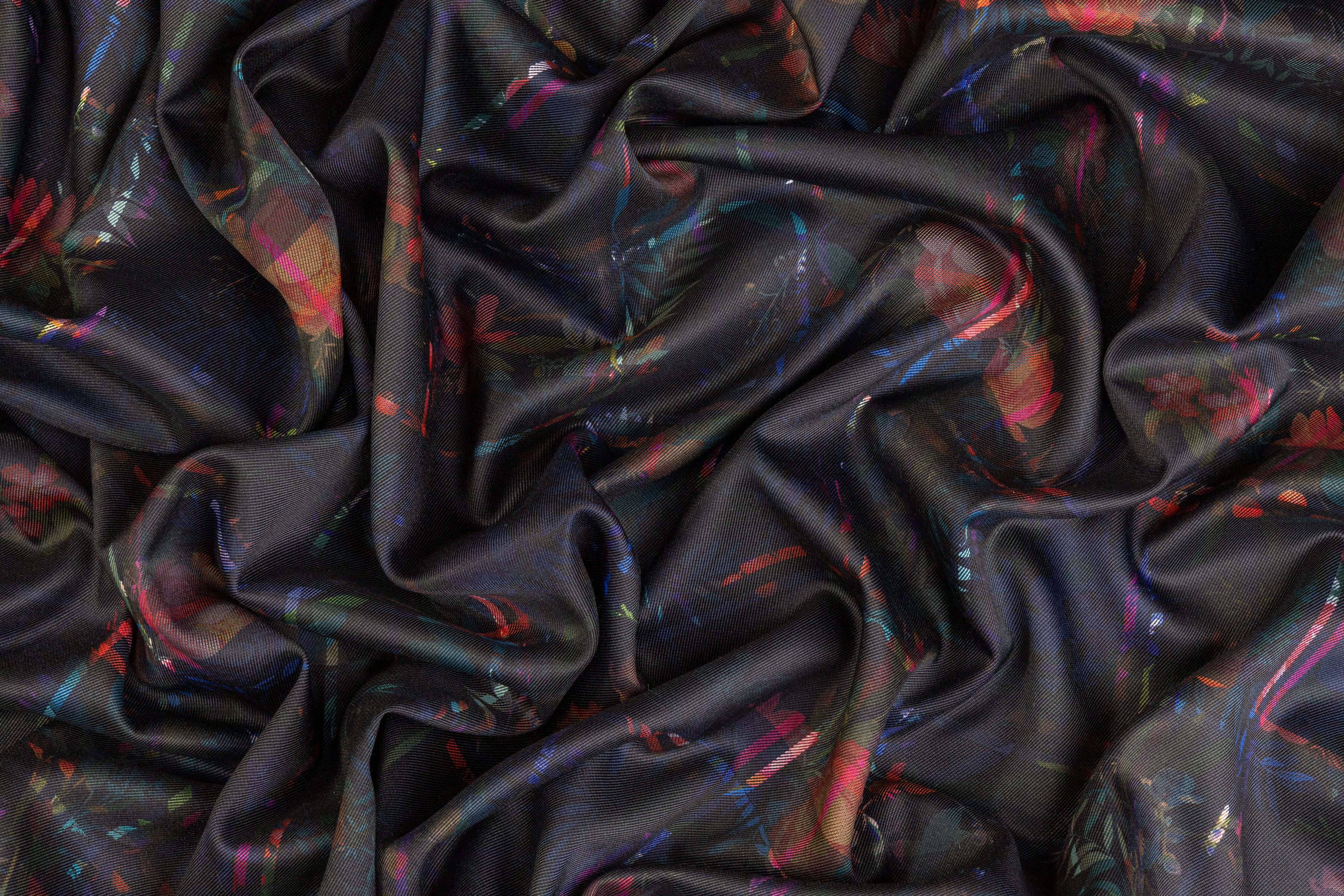 Tropical Windowpane Printed Poly Satin - Navy / Multicolor