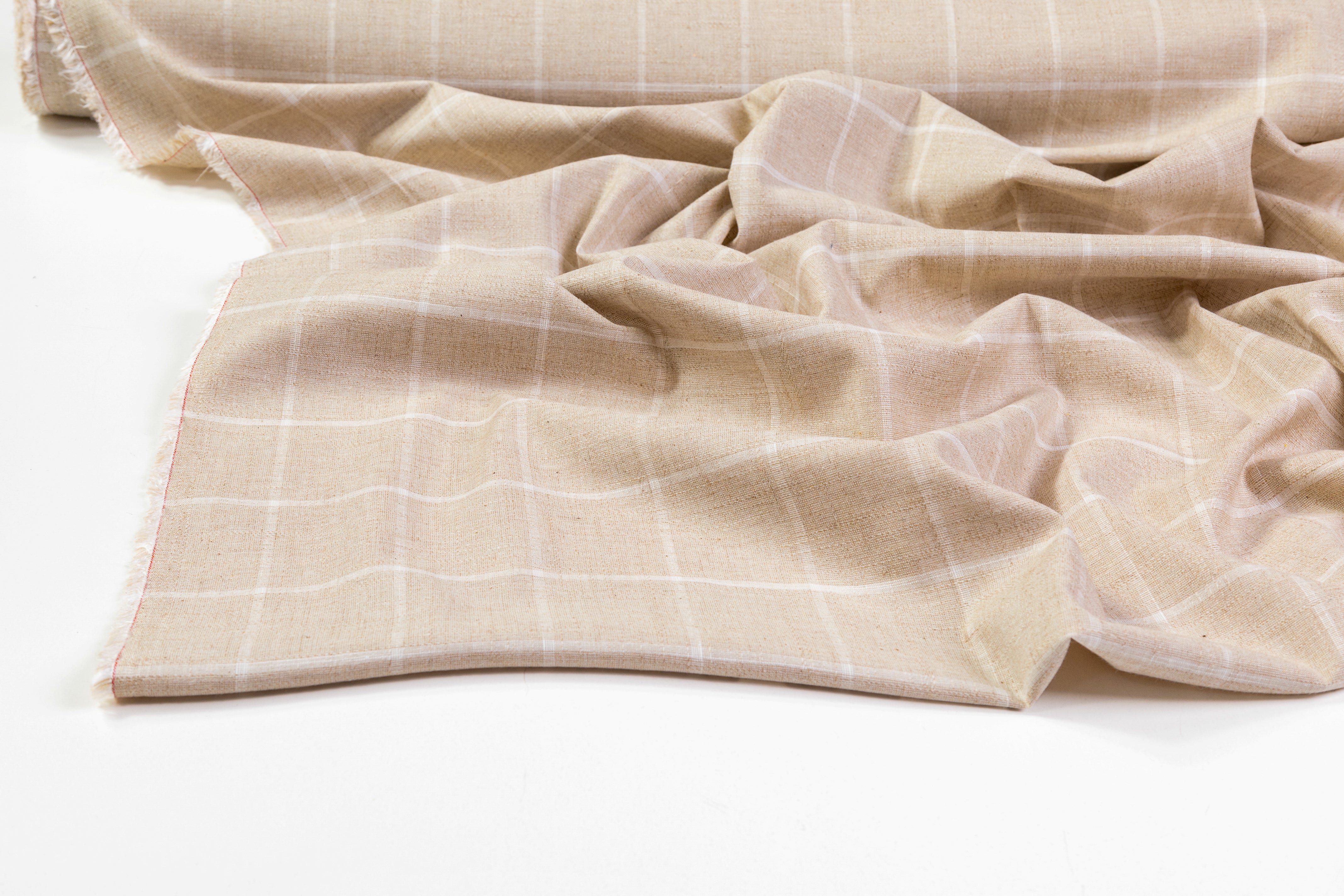 Windowpane Italian Cotton Linen Wool Suiting - Beige