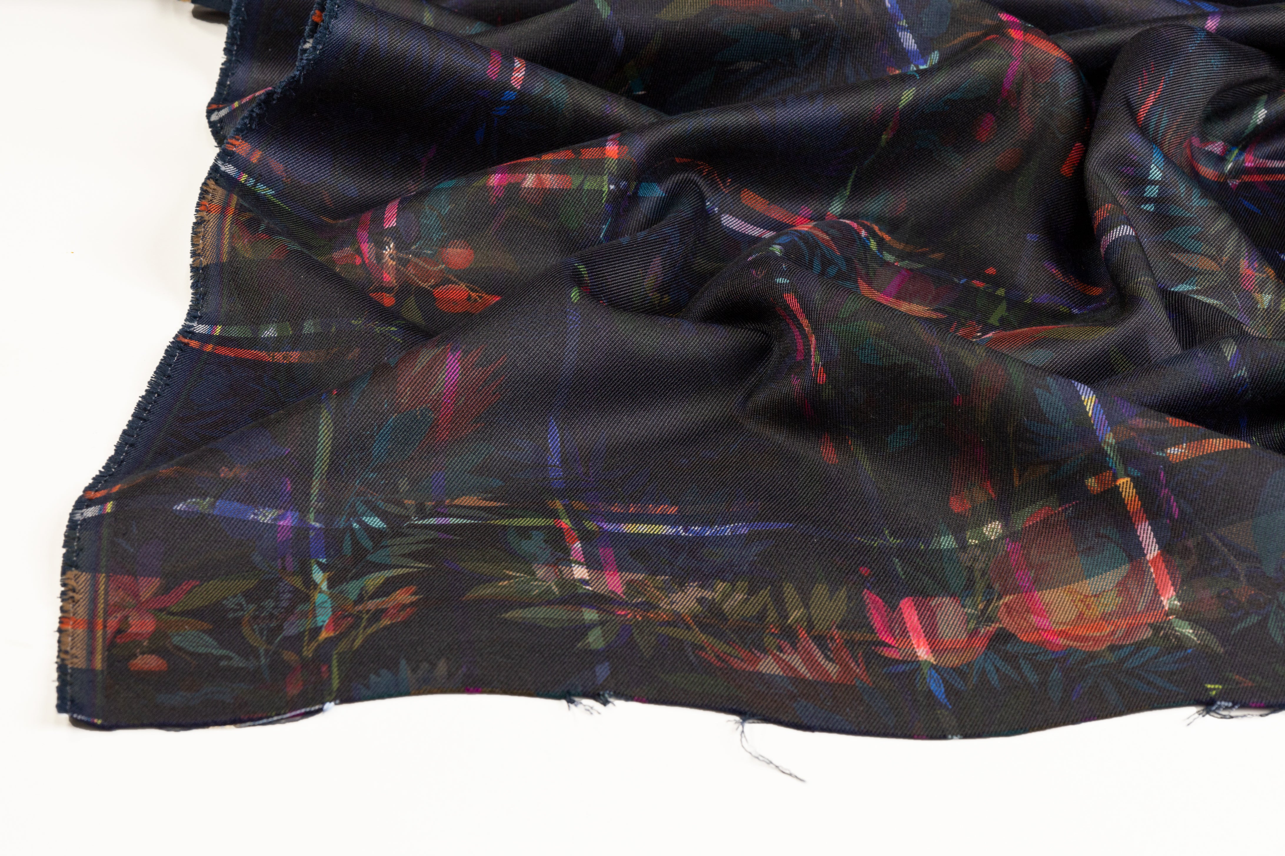 Tropical Windowpane Printed Poly Satin - Navy / Multicolor