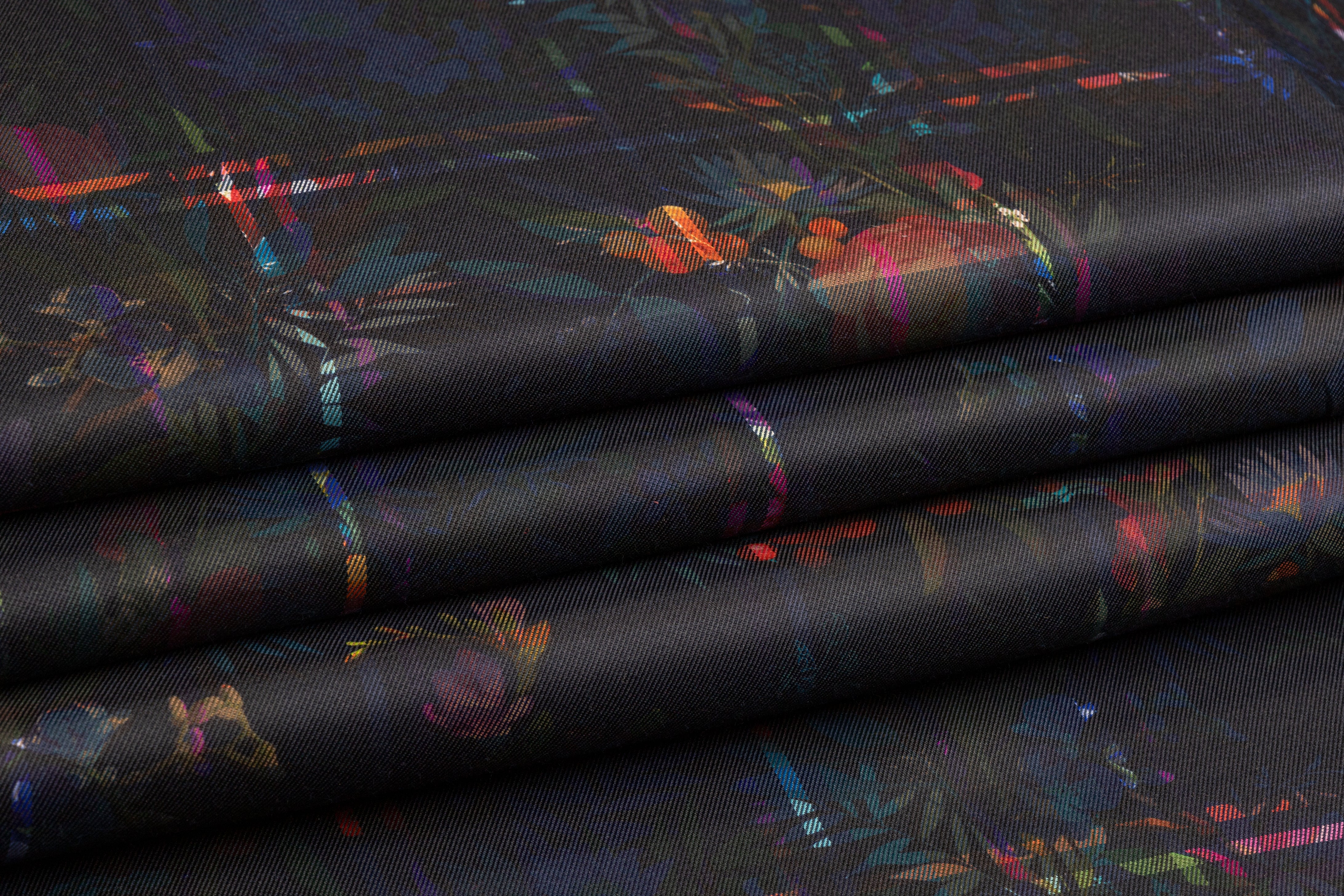 Tropical Windowpane Printed Poly Satin - Navy / Multicolor