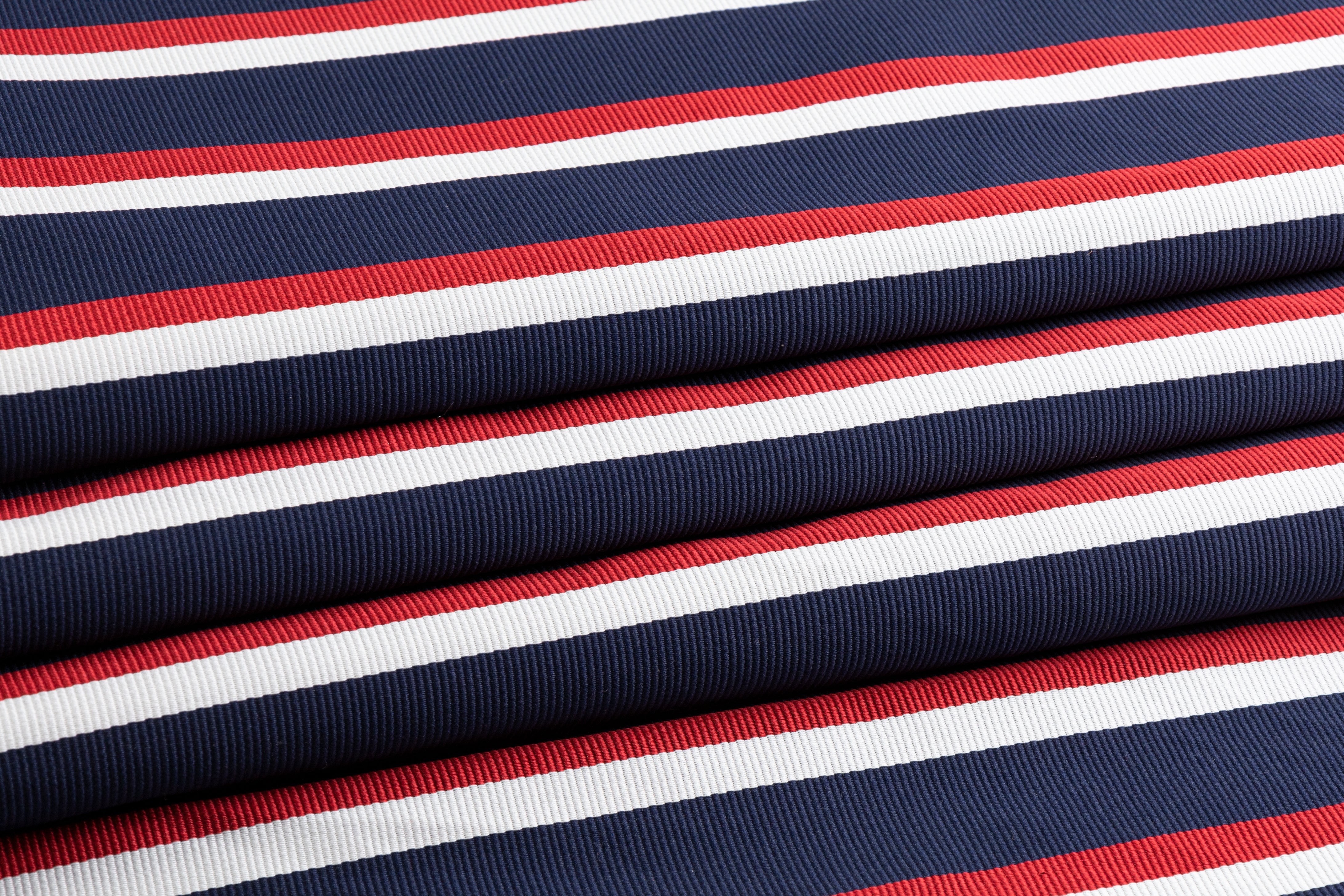 Striped Ribbed Poly Satin - Navy, White, Red