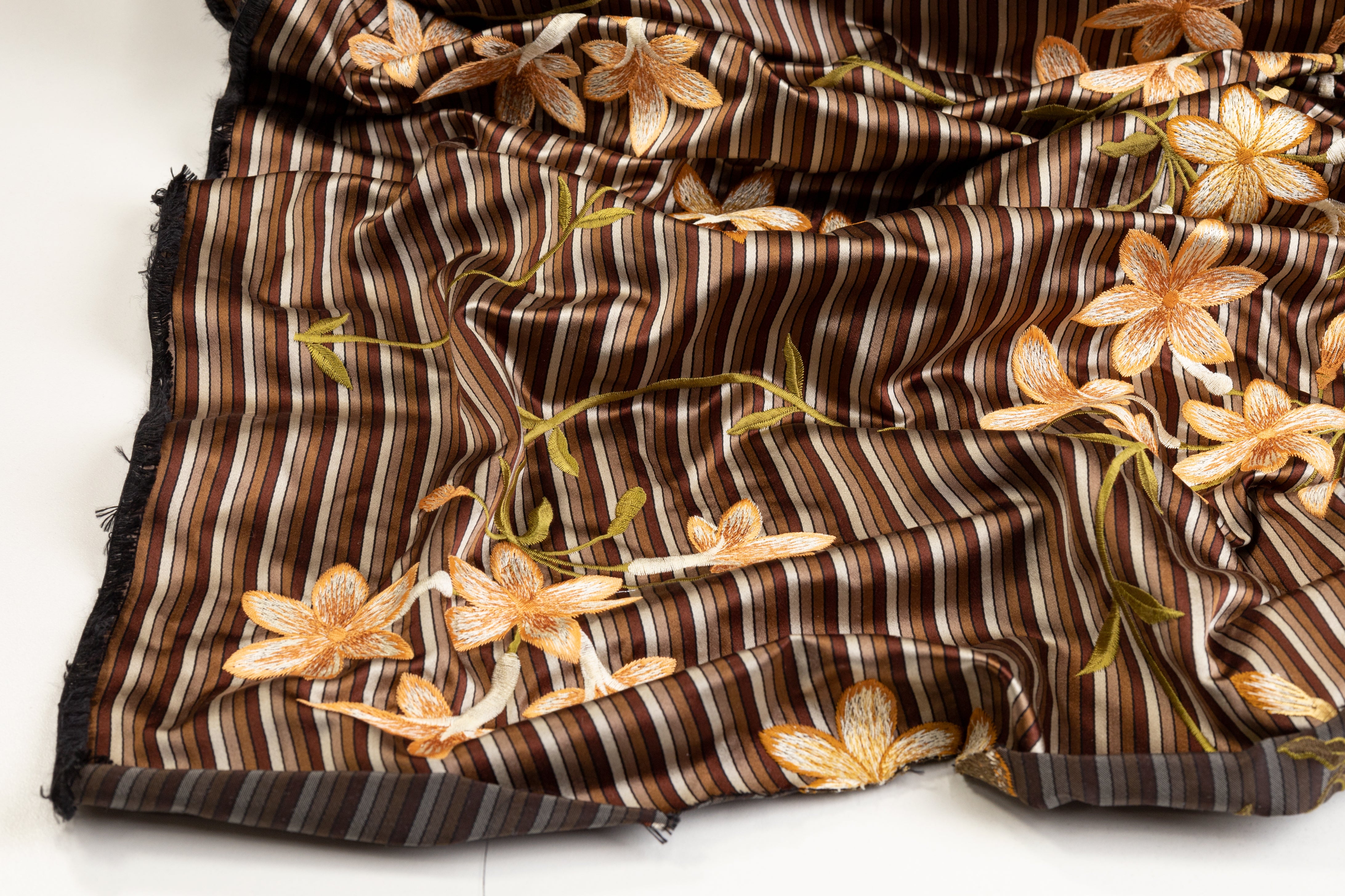 Floral Embroidered Silk Satin - Brown