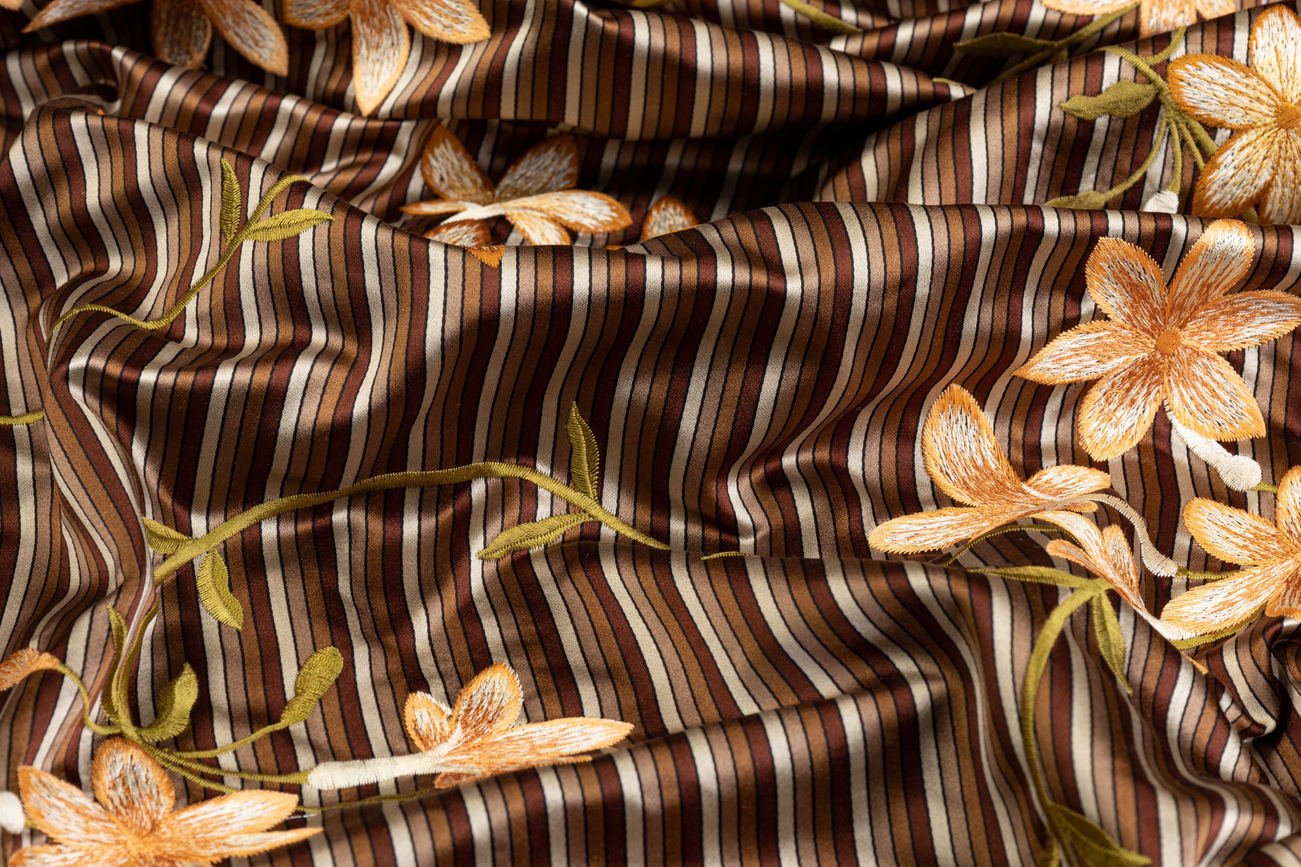 Floral Embroidered Silk Satin - Brown