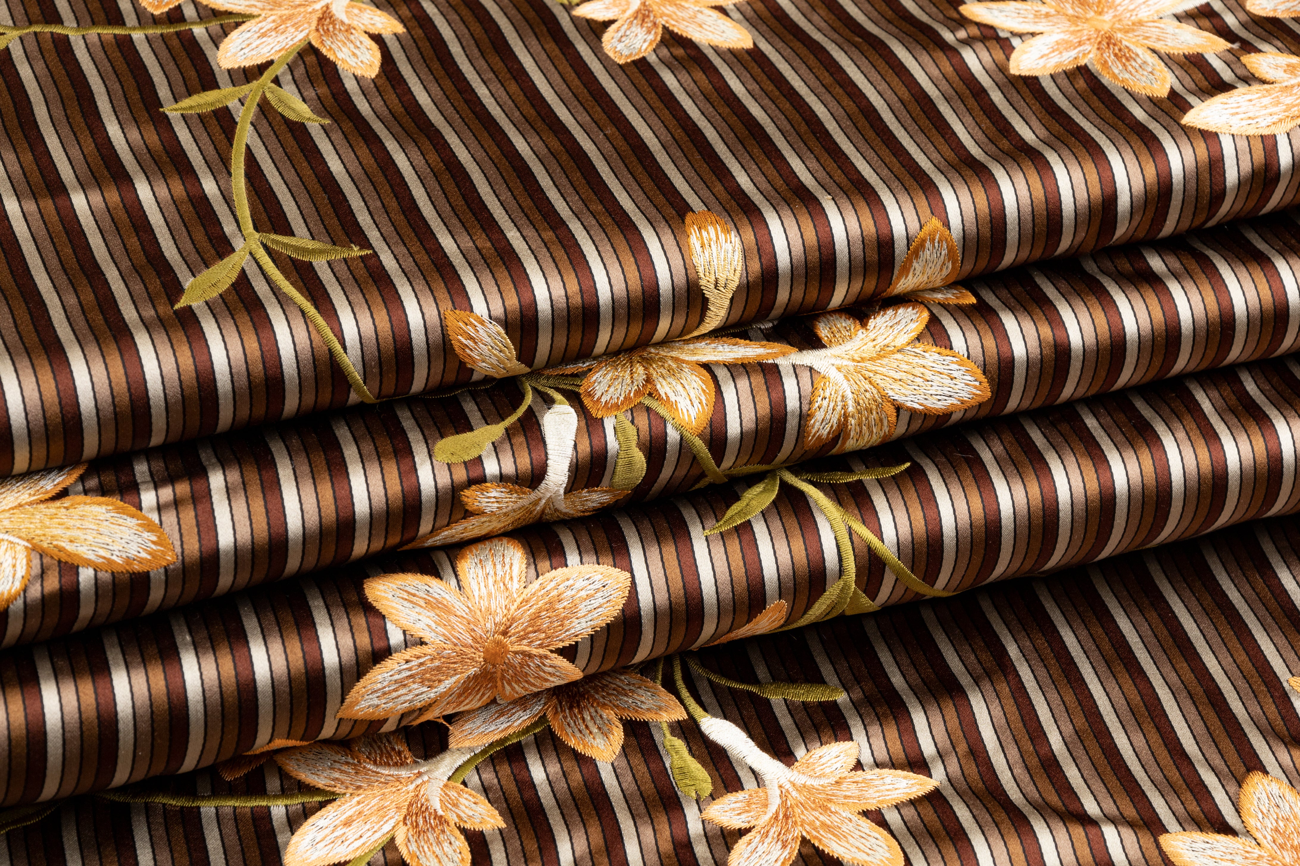 Floral Embroidered Silk Satin - Brown