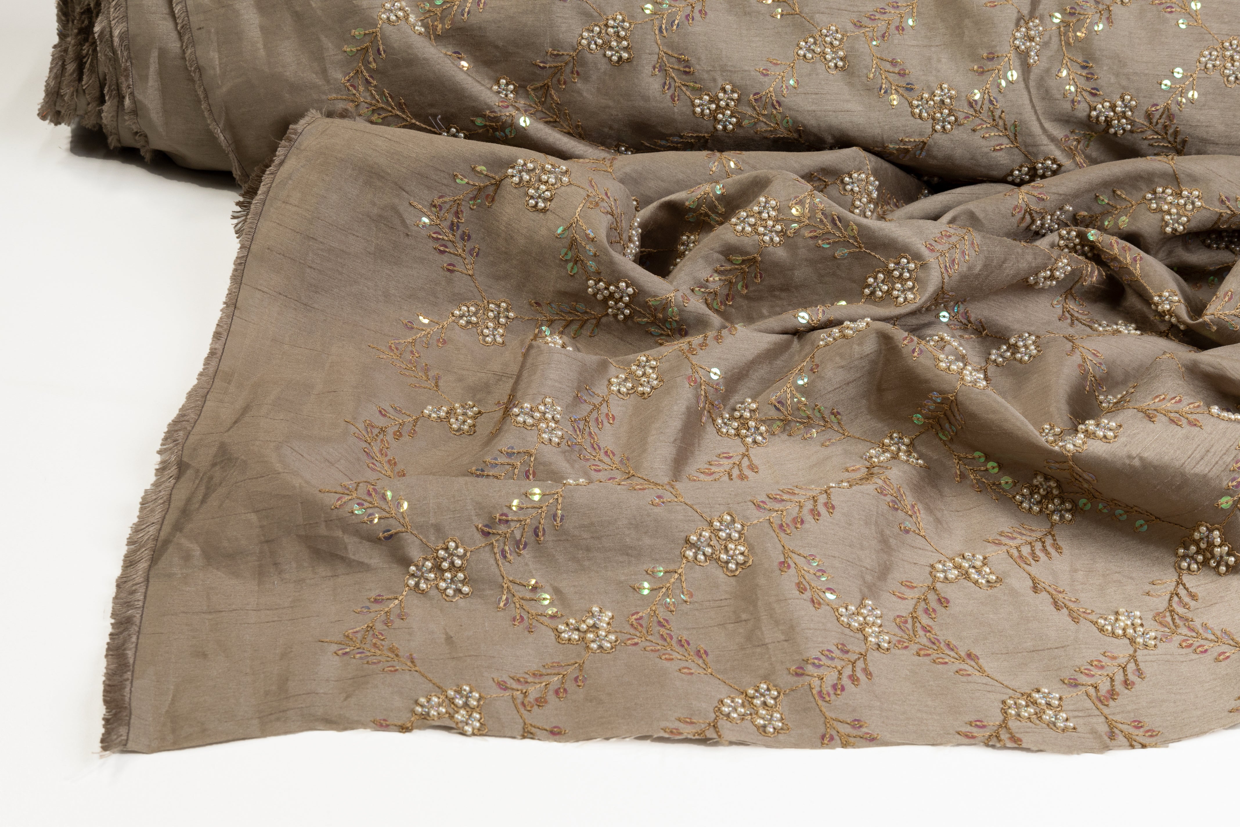 Embroidered and Beaded Poly Shantung - Khaki