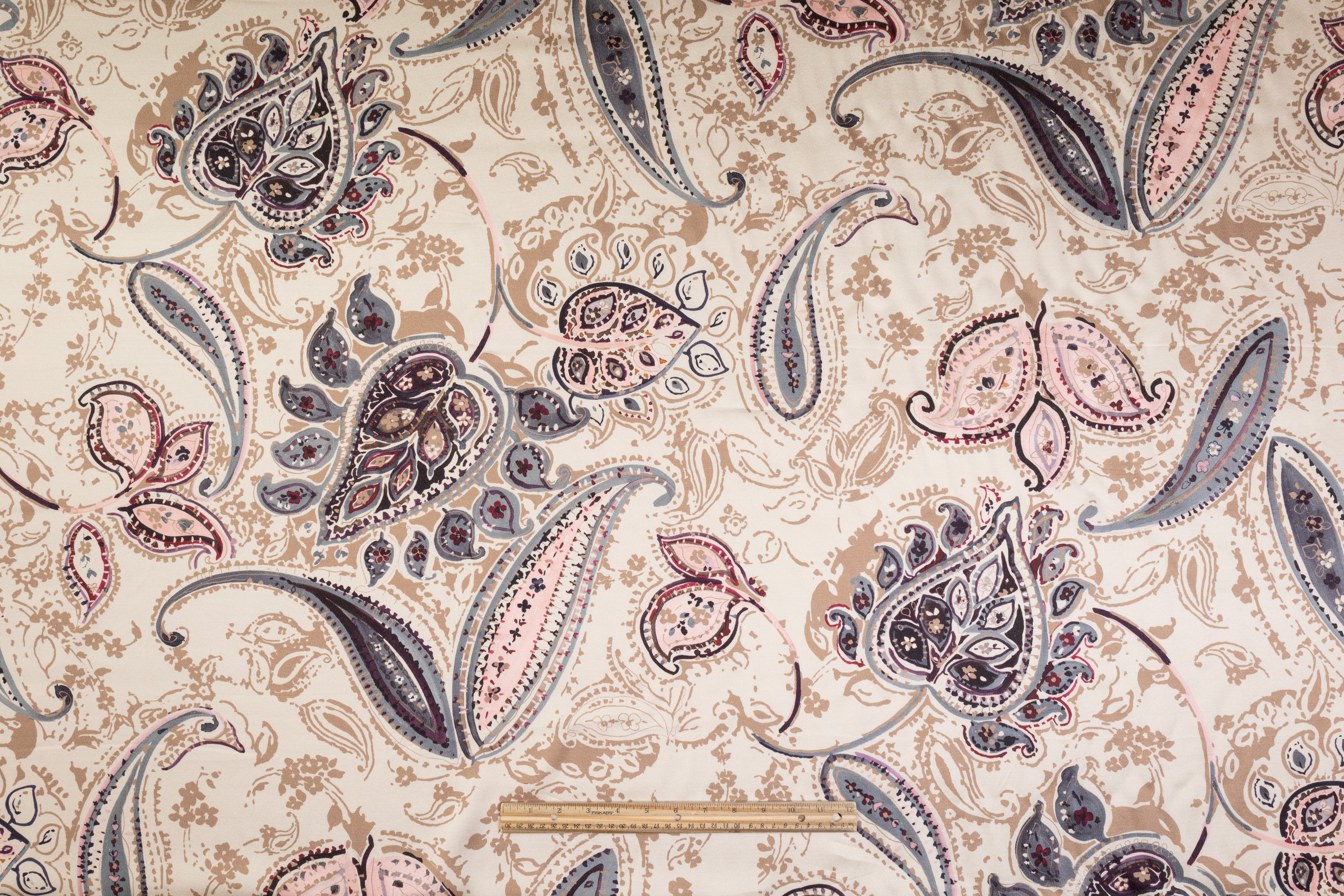Luigi Verga - Paisley Italian Silk Viscose Crepe Back Satin - Taupe / Pink / Blue