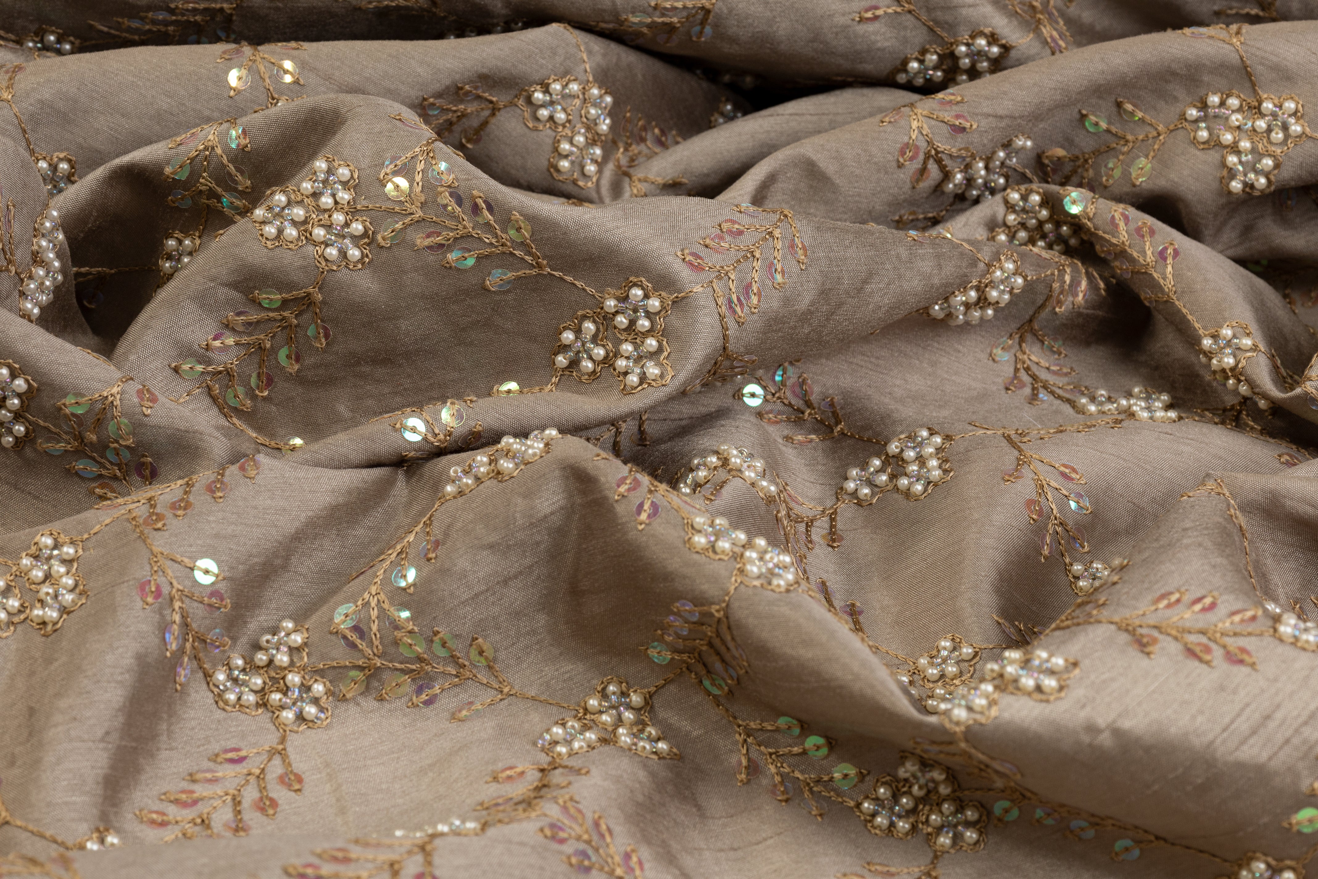 Embroidered and Beaded Poly Shantung - Khaki