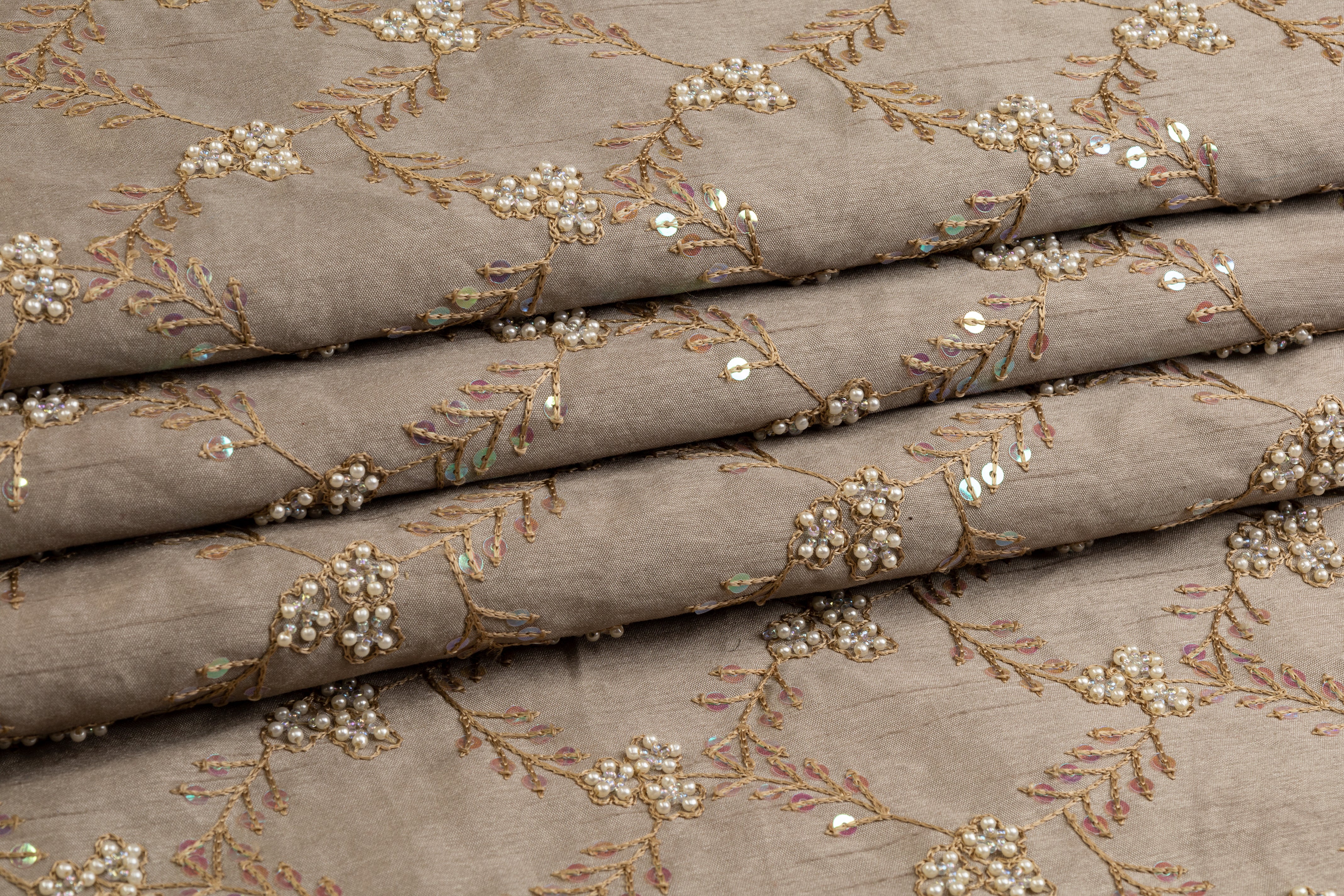 Embroidered and Beaded Poly Shantung - Khaki