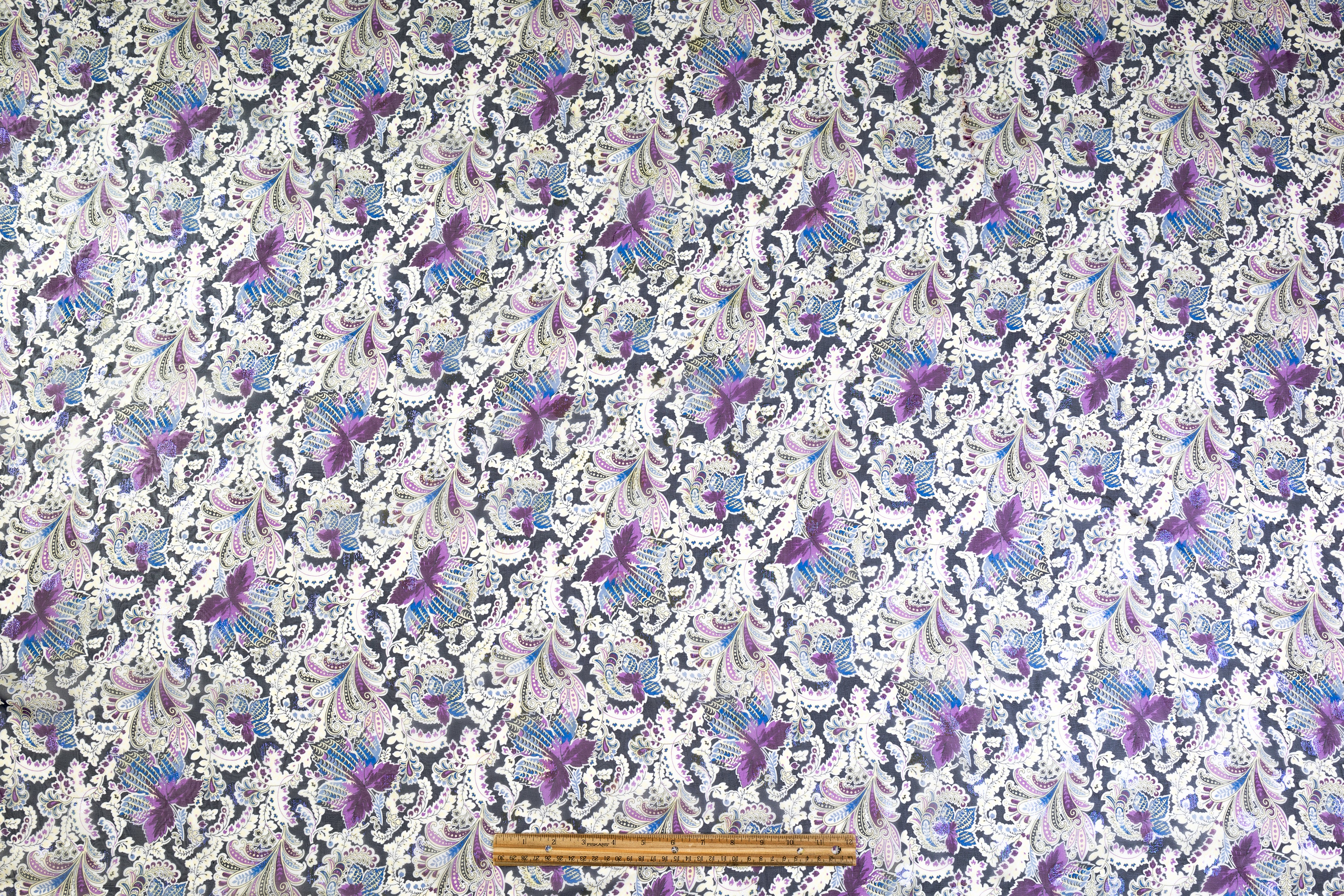 Paisley Floral Metallic Italian Silk Chiffon Fil Coupé - Navy / Purple