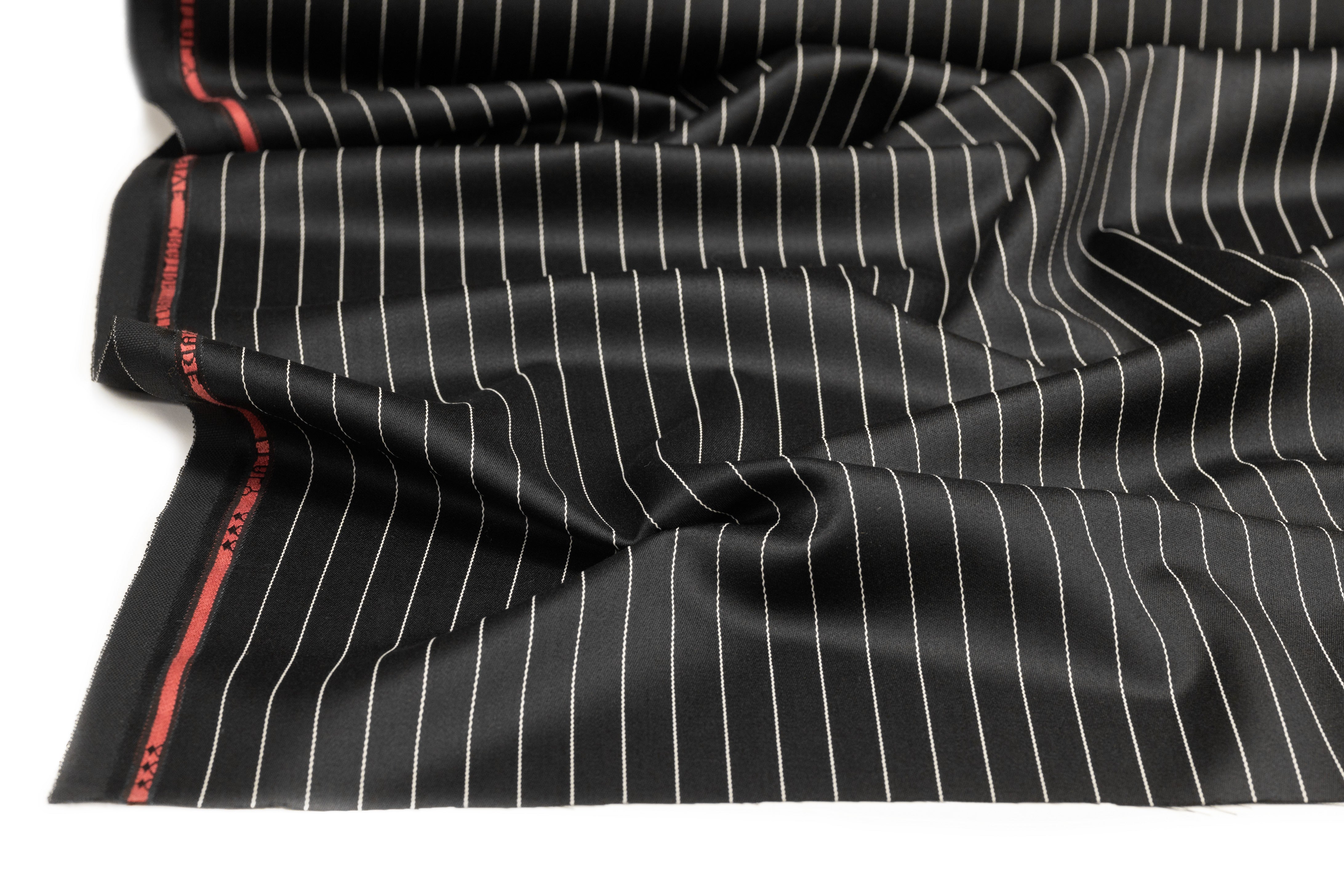 Pin Striped Italian Satin Faille Wool Suiting - Black / White