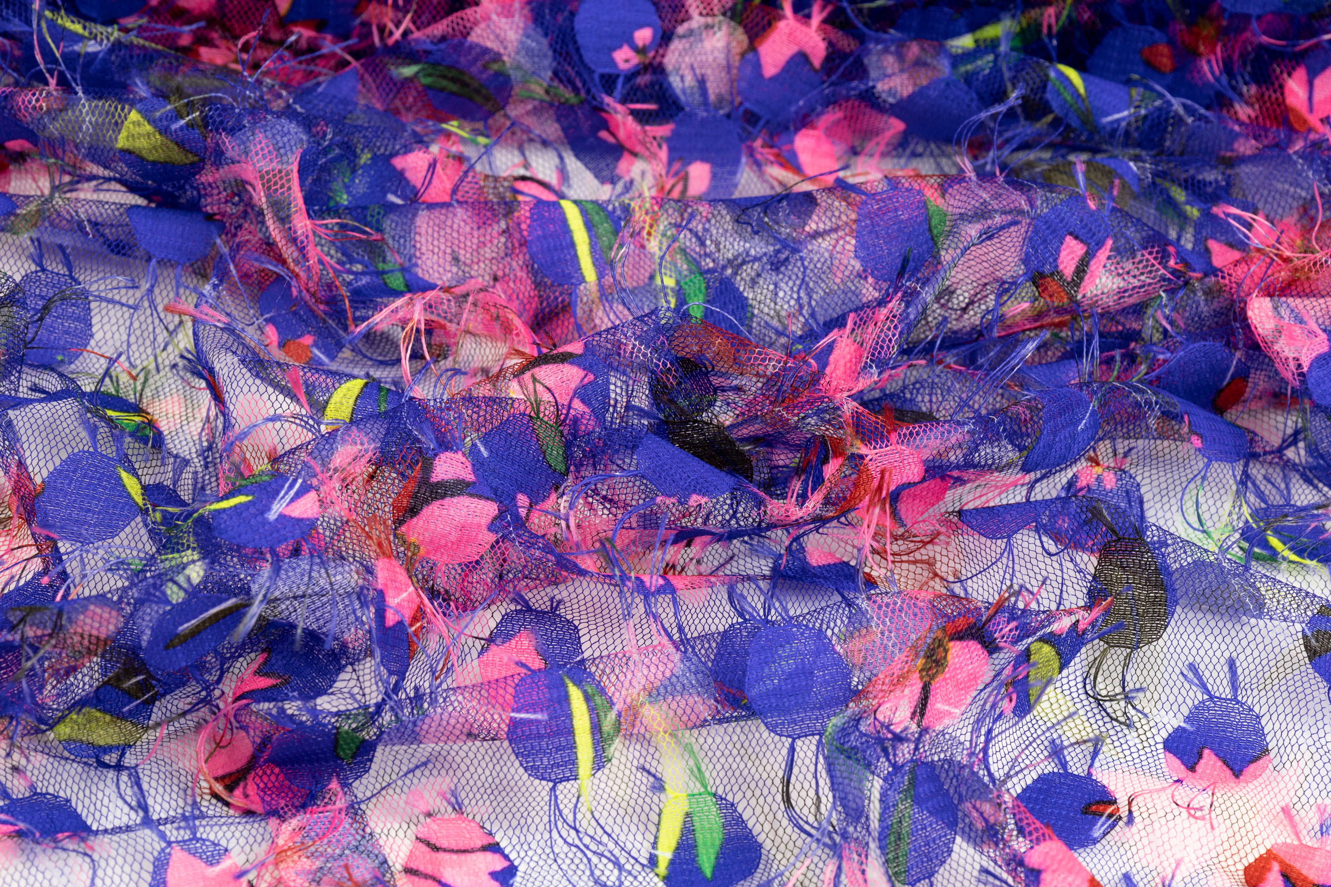 Printed Embroidered Mesh - Blue / Pink / Green