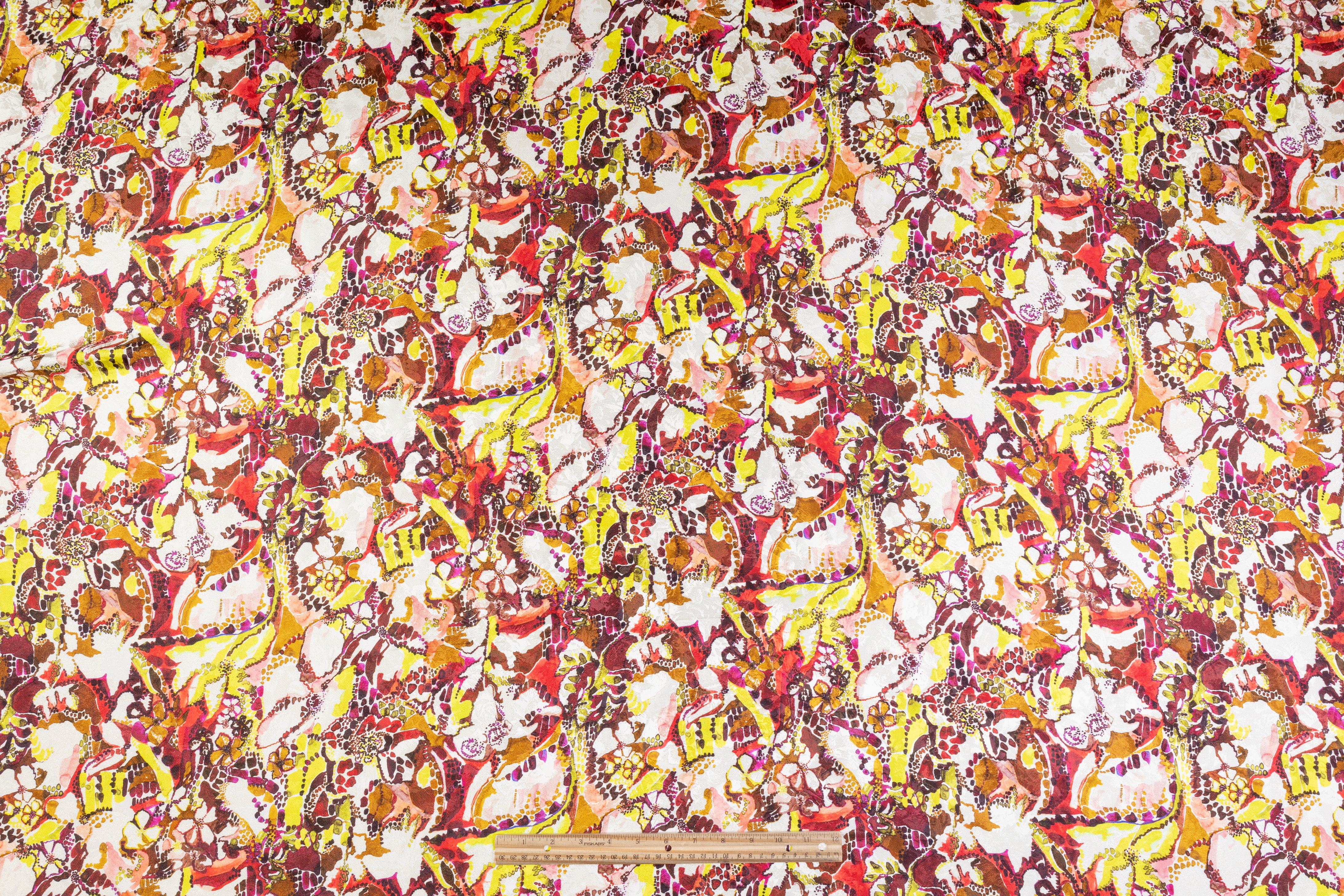 Abstract Printed Italian Silk Jacquard - Brown / Burgundy / Yellow