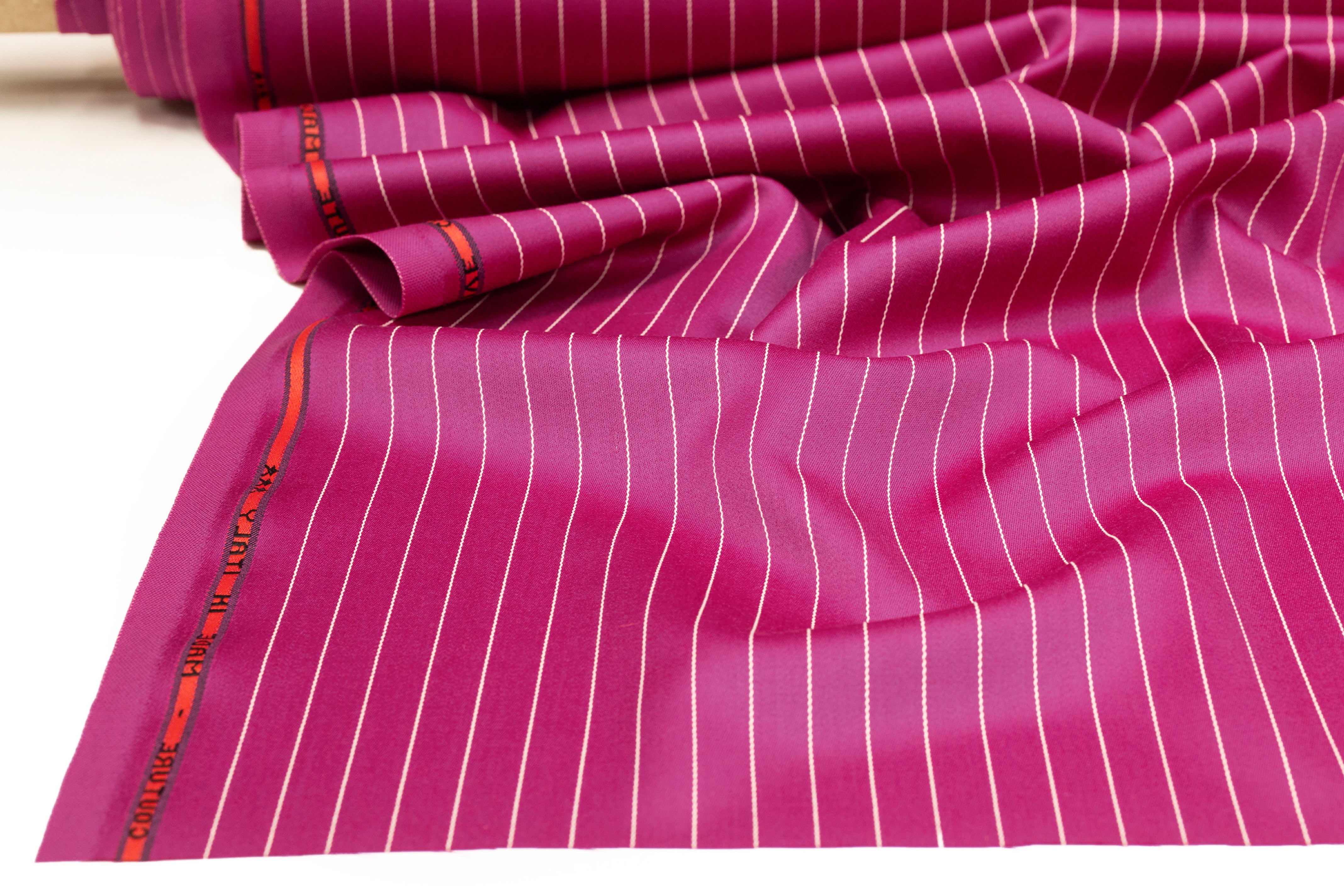 Pin Striped Italian Satin Faille Wool Suiting - Fuchsia / White