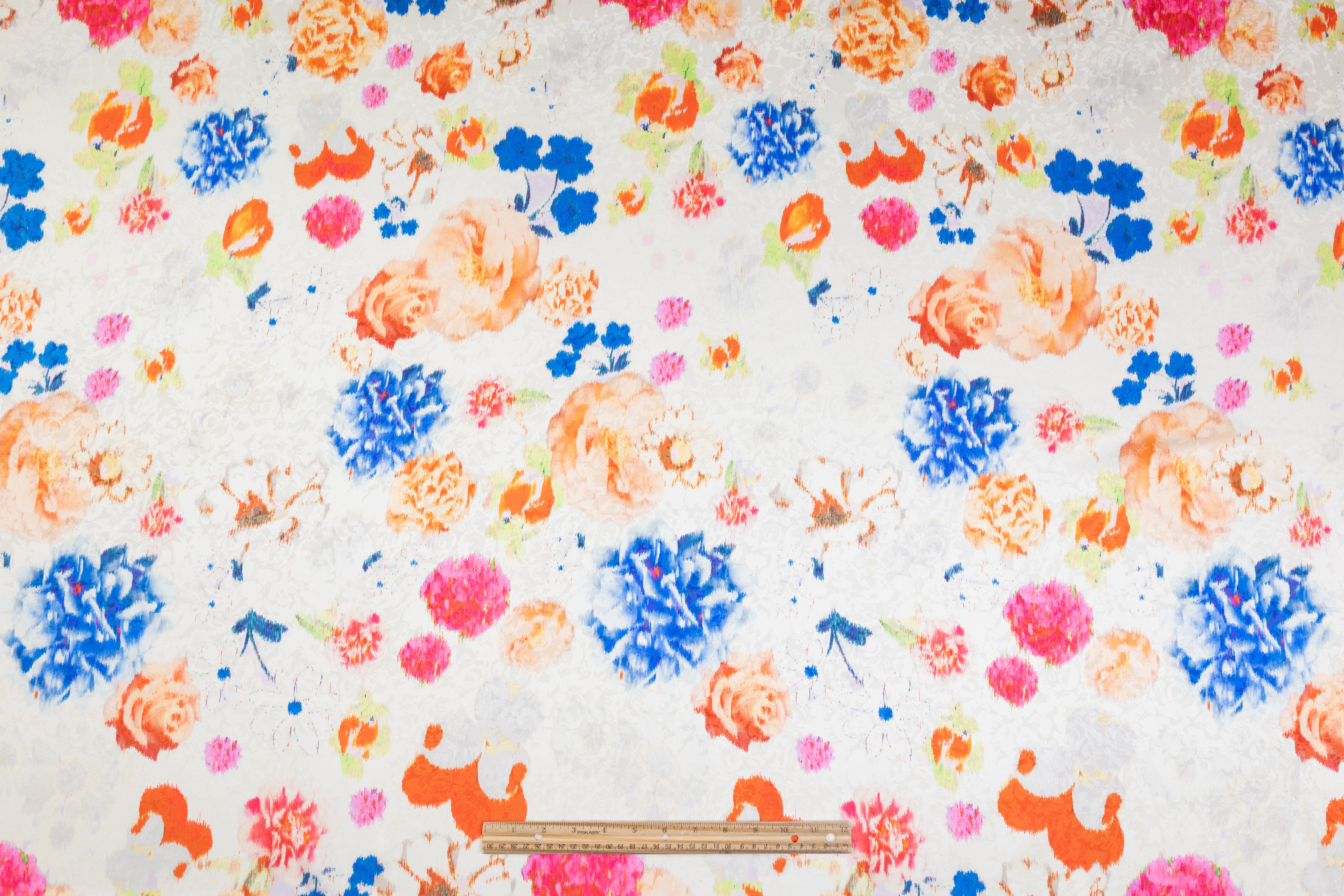 Abstract Printed Italian Silk Jacquard - Off White / Multicolor