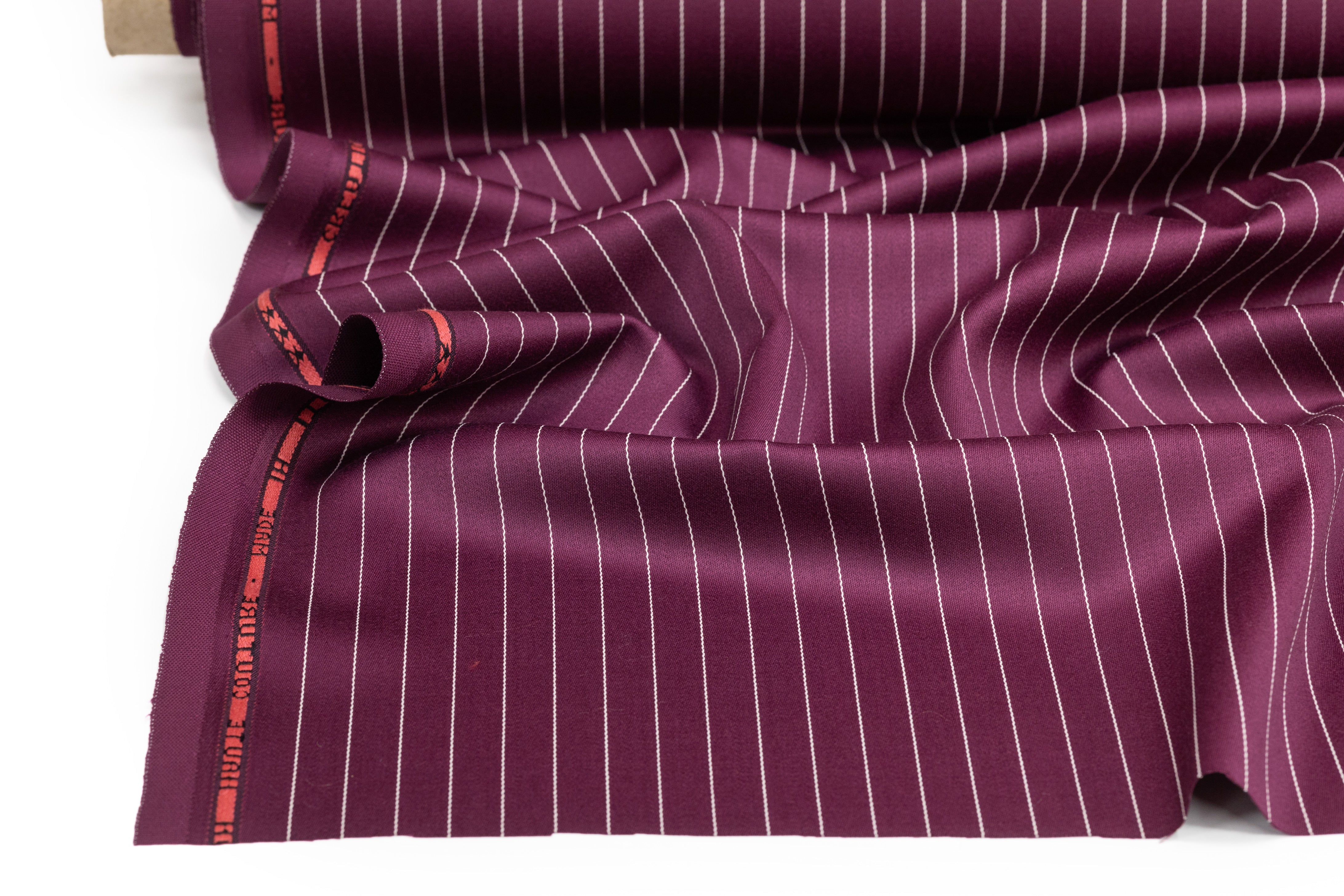 Pin Striped Italian Satin Faille Wool Suiting - Burgundy / White