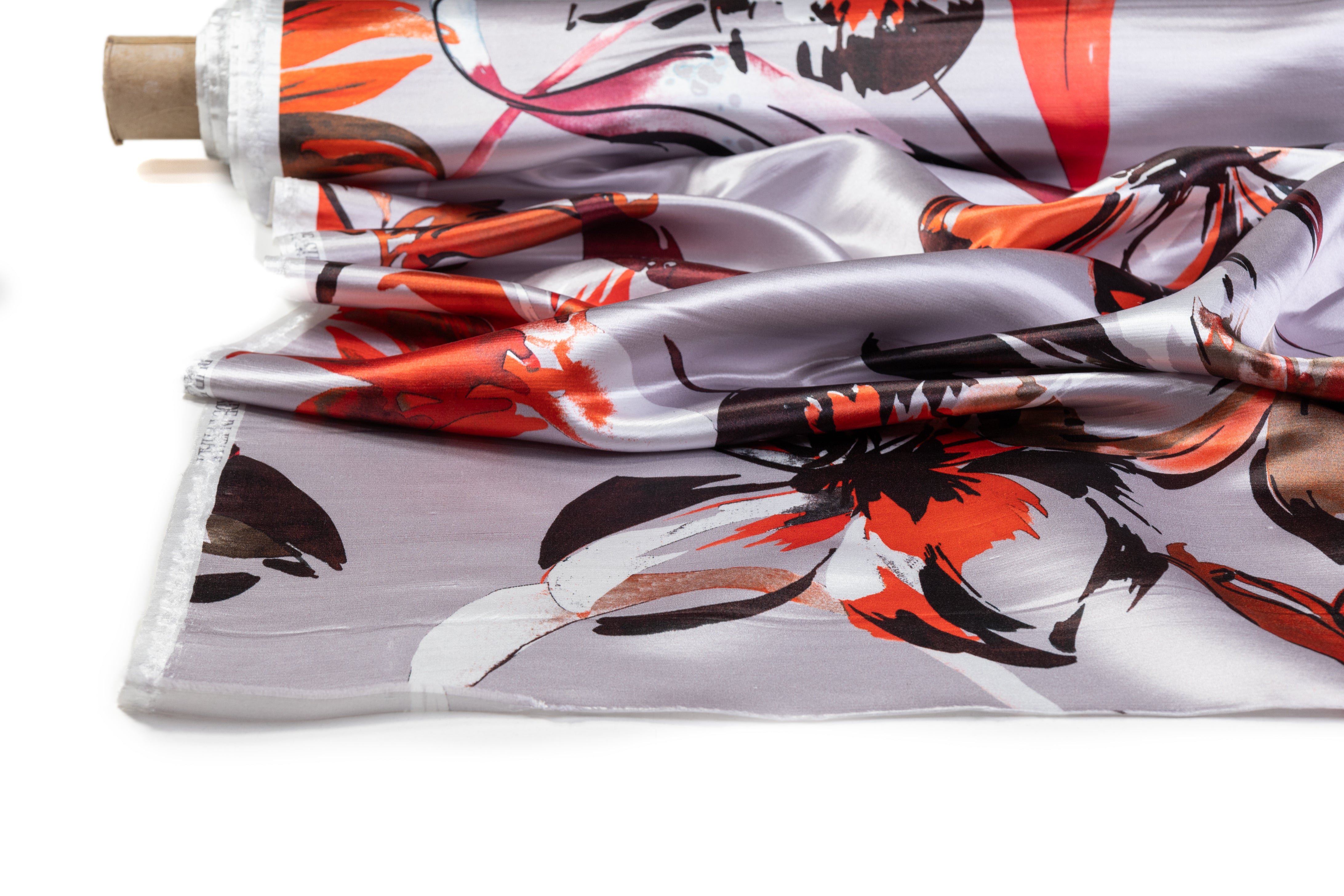 Luigi Verga - Floral Italian Silk Satin Dupioni - Gray / Brown / Orange / Burgundy