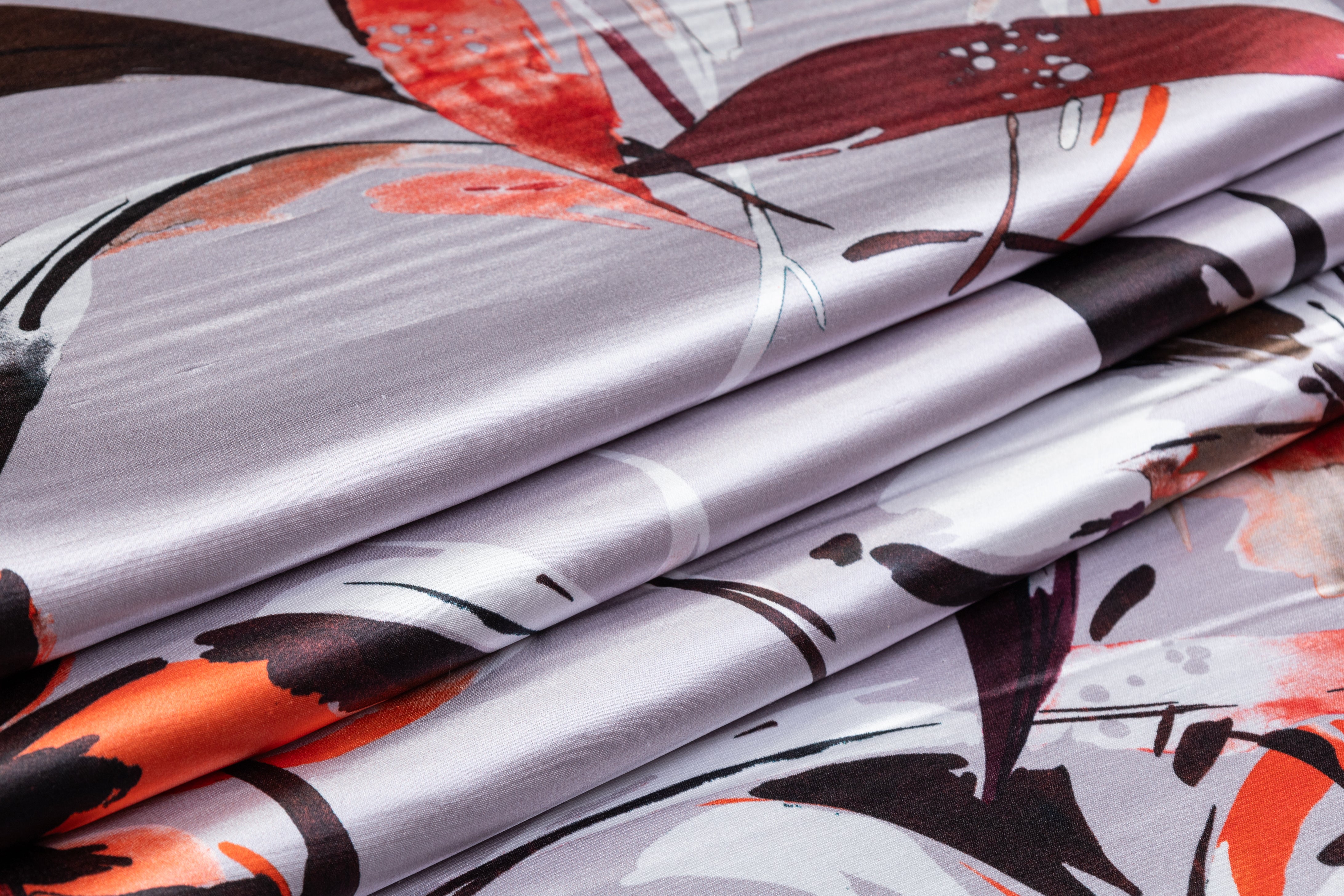 Luigi Verga - Floral Italian Silk Satin Dupioni - Gray / Brown / Orange / Burgundy