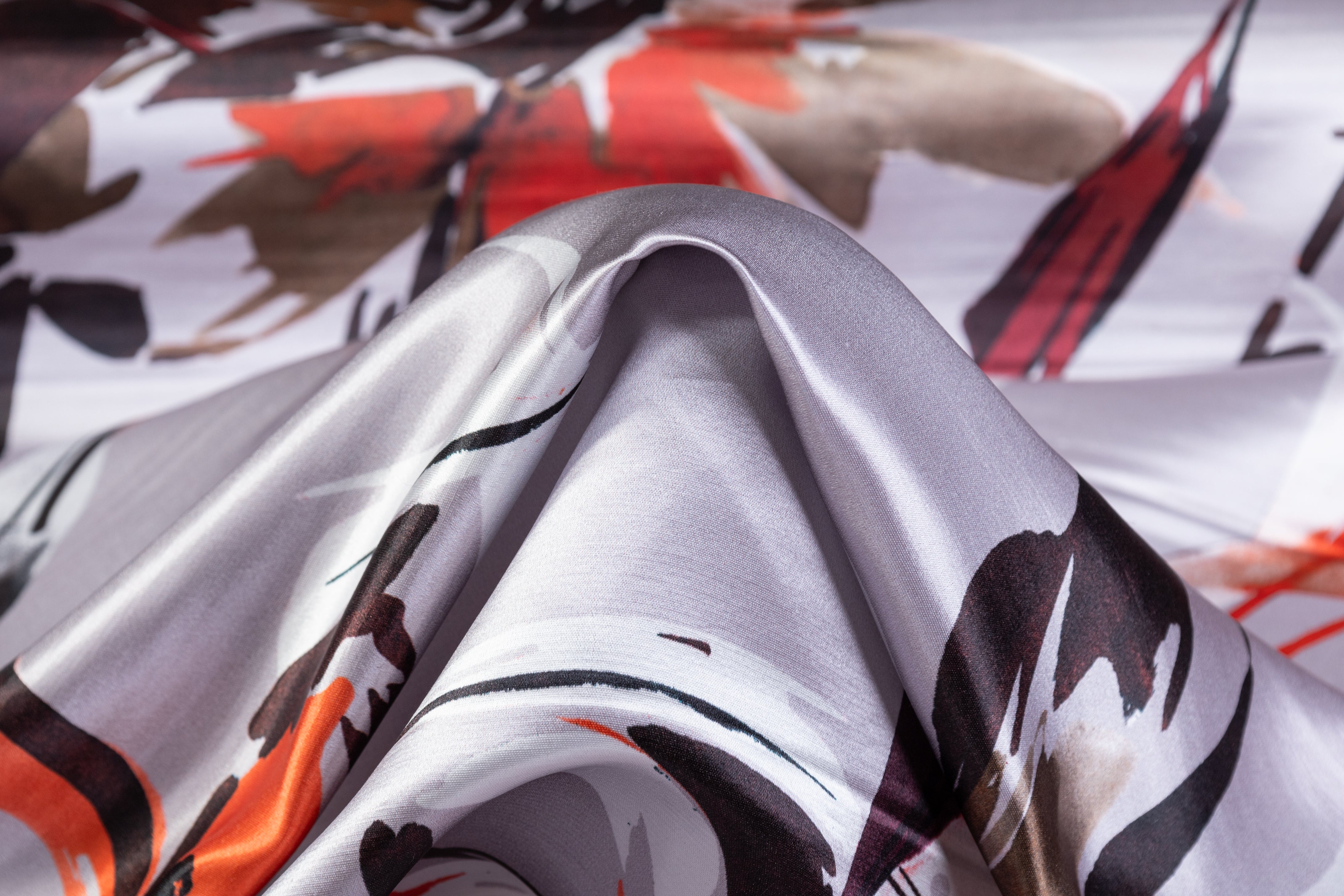 Luigi Verga - Floral Italian Silk Satin Dupioni - Gray / Brown / Orange / Burgundy