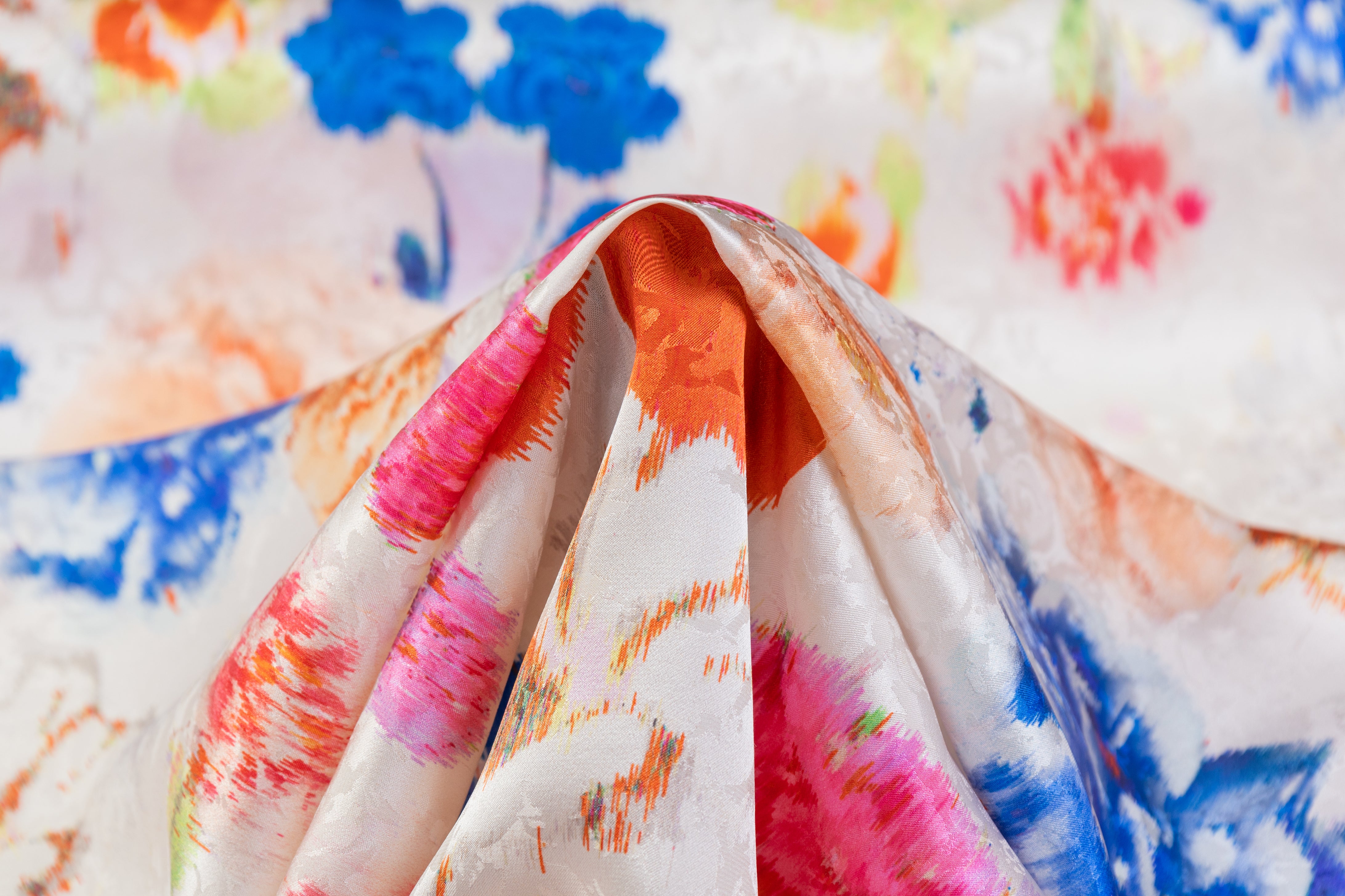 Abstract Printed Italian Silk Jacquard - Off White / Multicolor