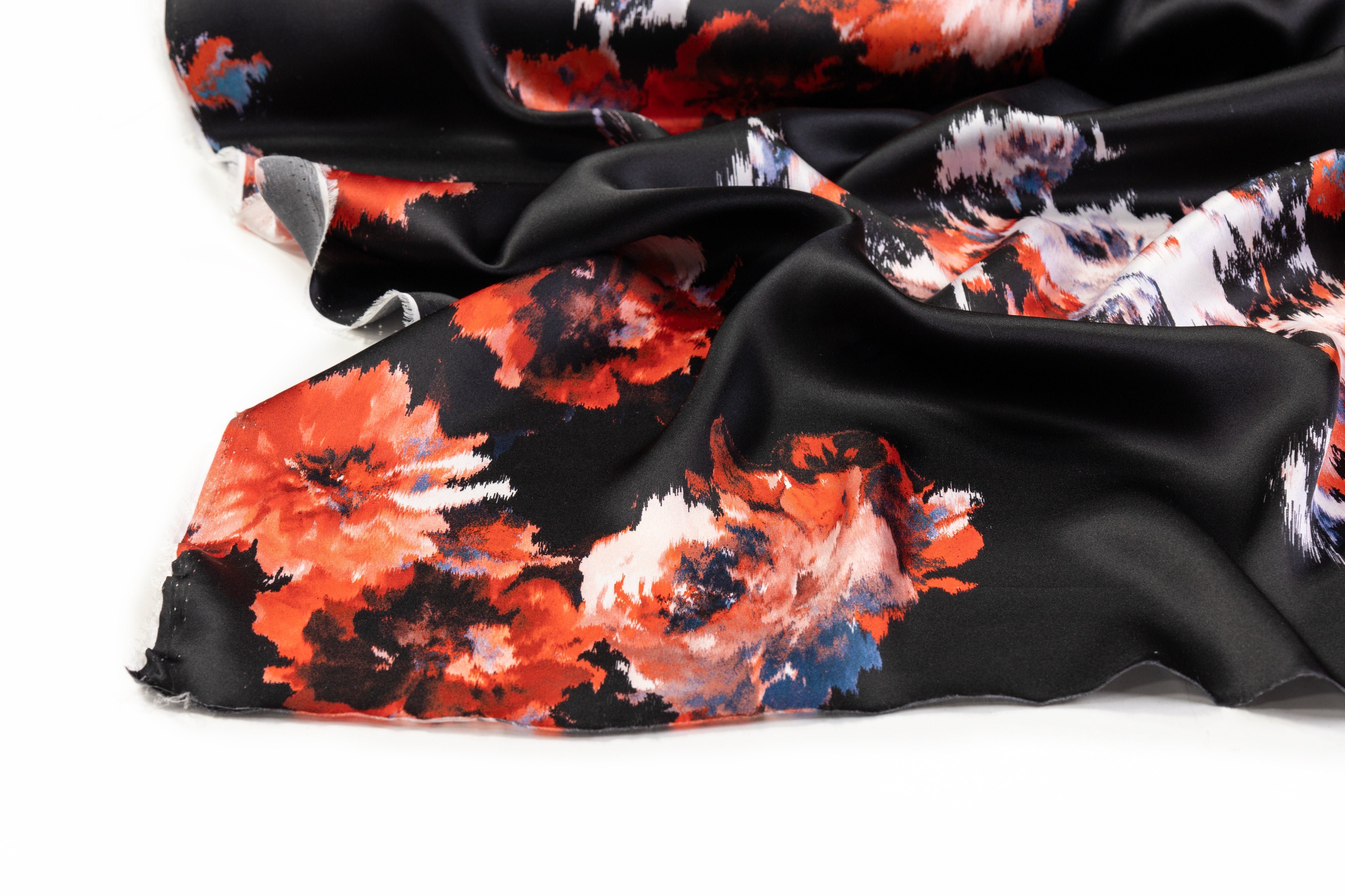 Floral Italian Silk Charmeuse - Black / Red / Blue