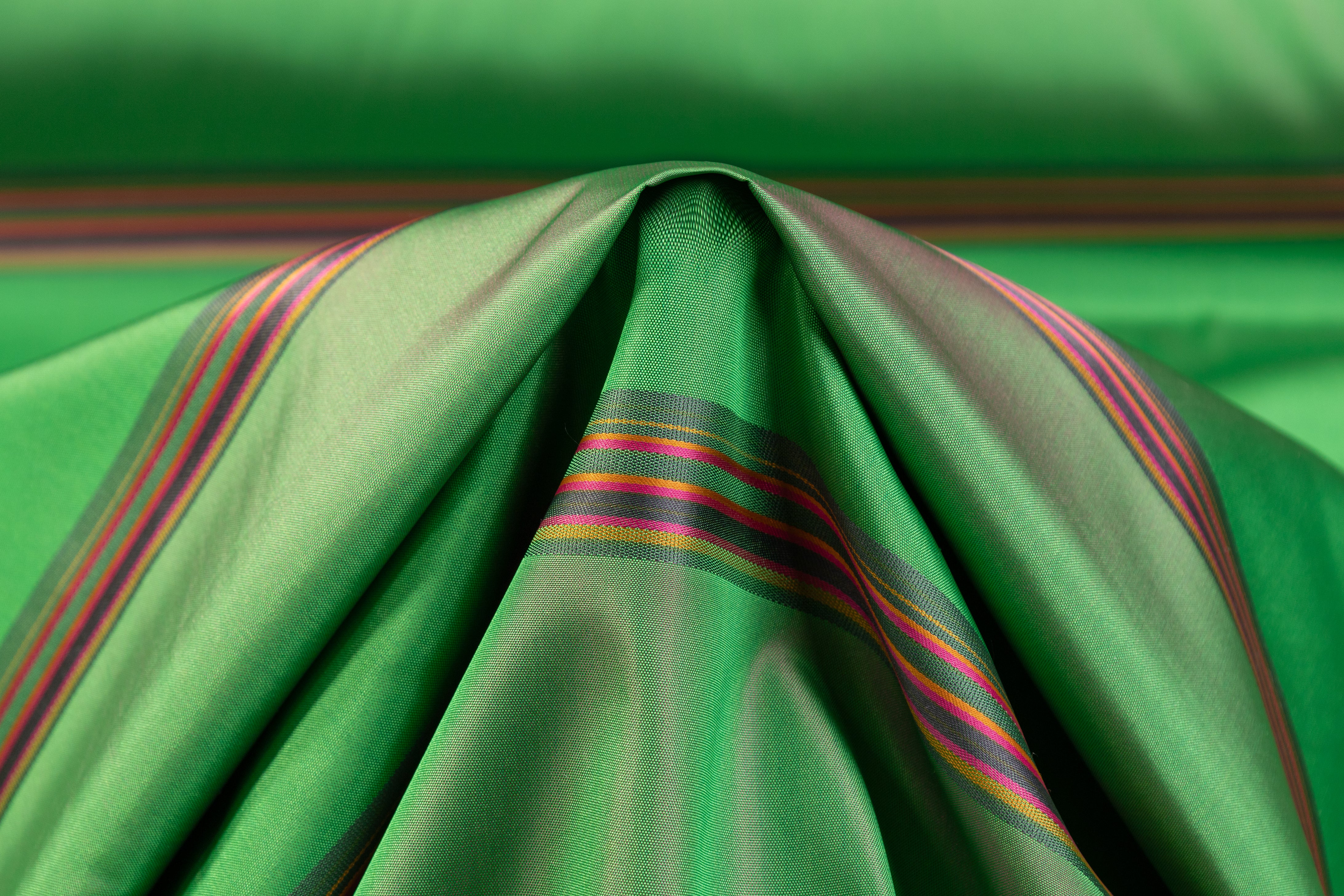 Iridescent Striped Italian Silk Taffeta - Green / Magenta / Gold