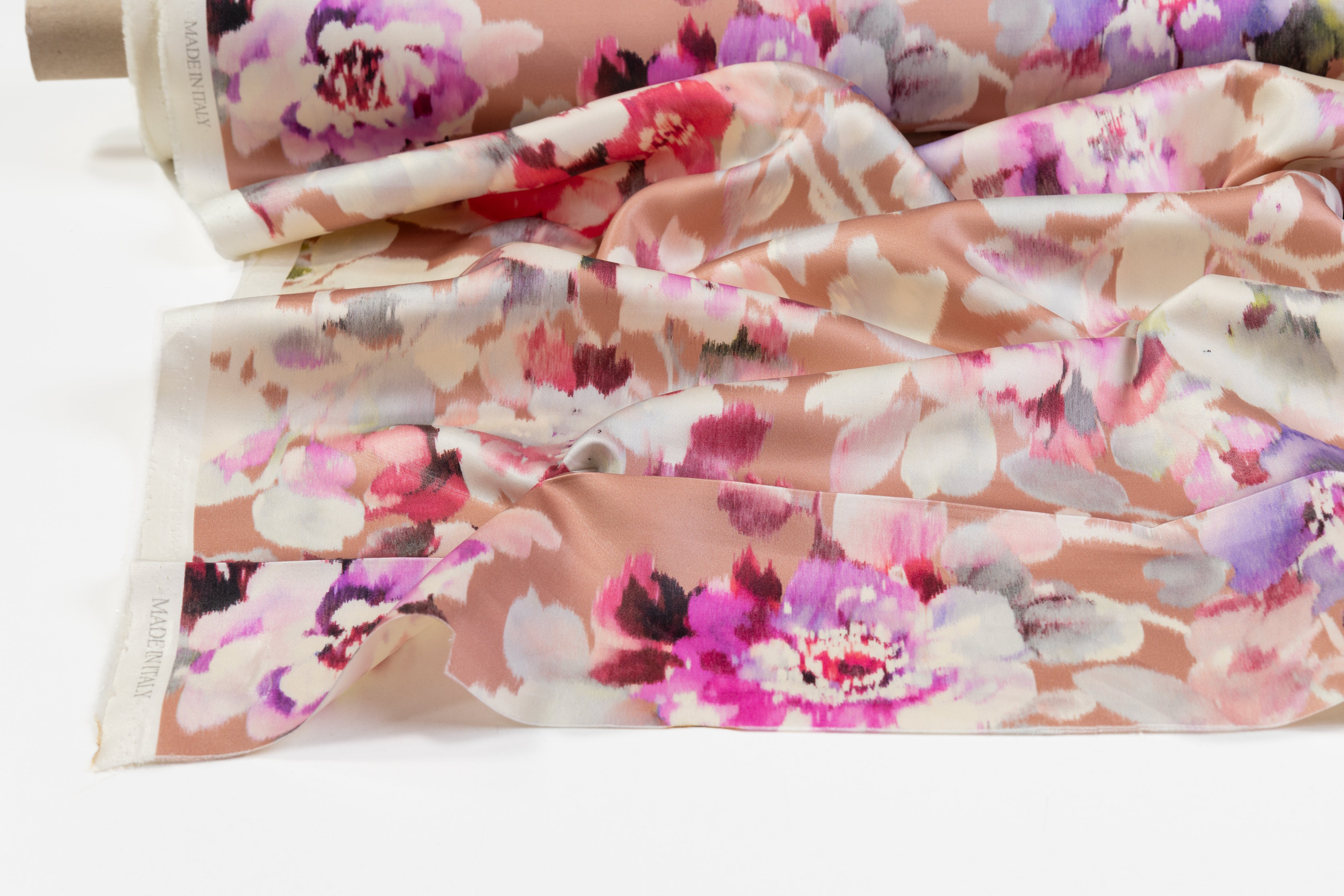 Luigi Verga - Floral Italian Silk Wool Blend Satin - Blush / Violet