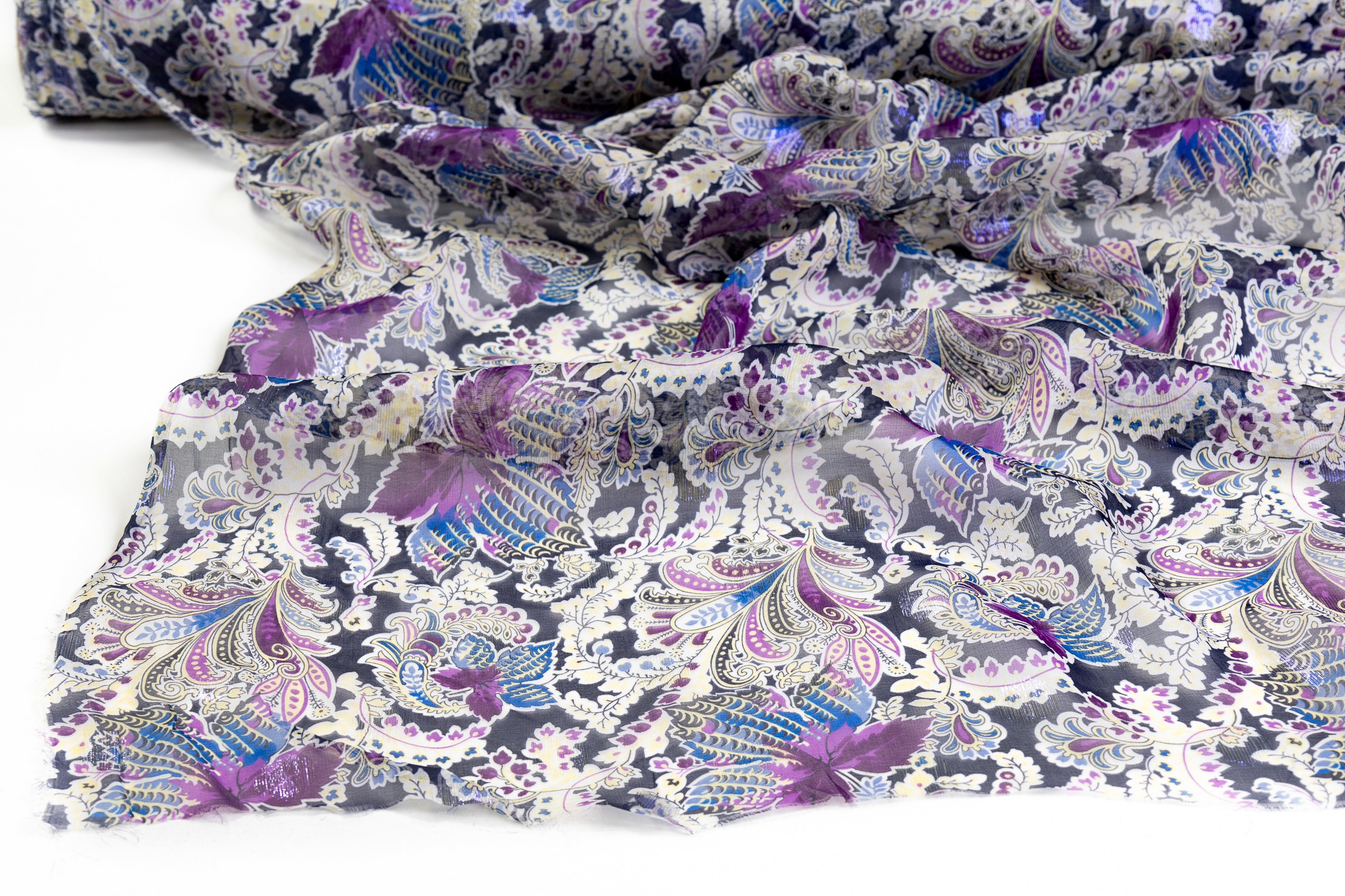 Paisley Floral Metallic Italian Silk Chiffon Fil Coupé - Navy / Purple
