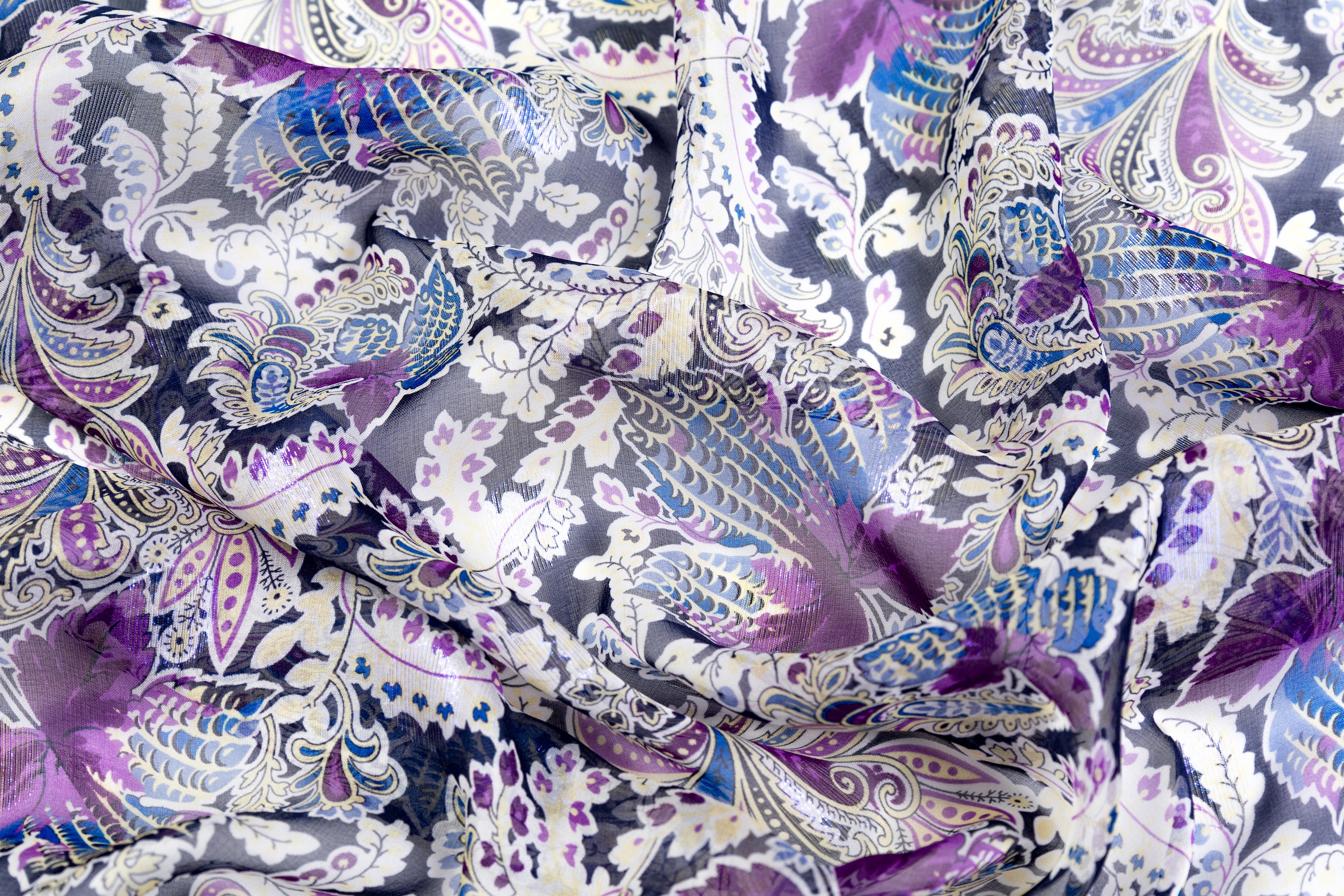 Paisley Floral Metallic Italian Silk Chiffon Fil Coupé - Navy / Purple