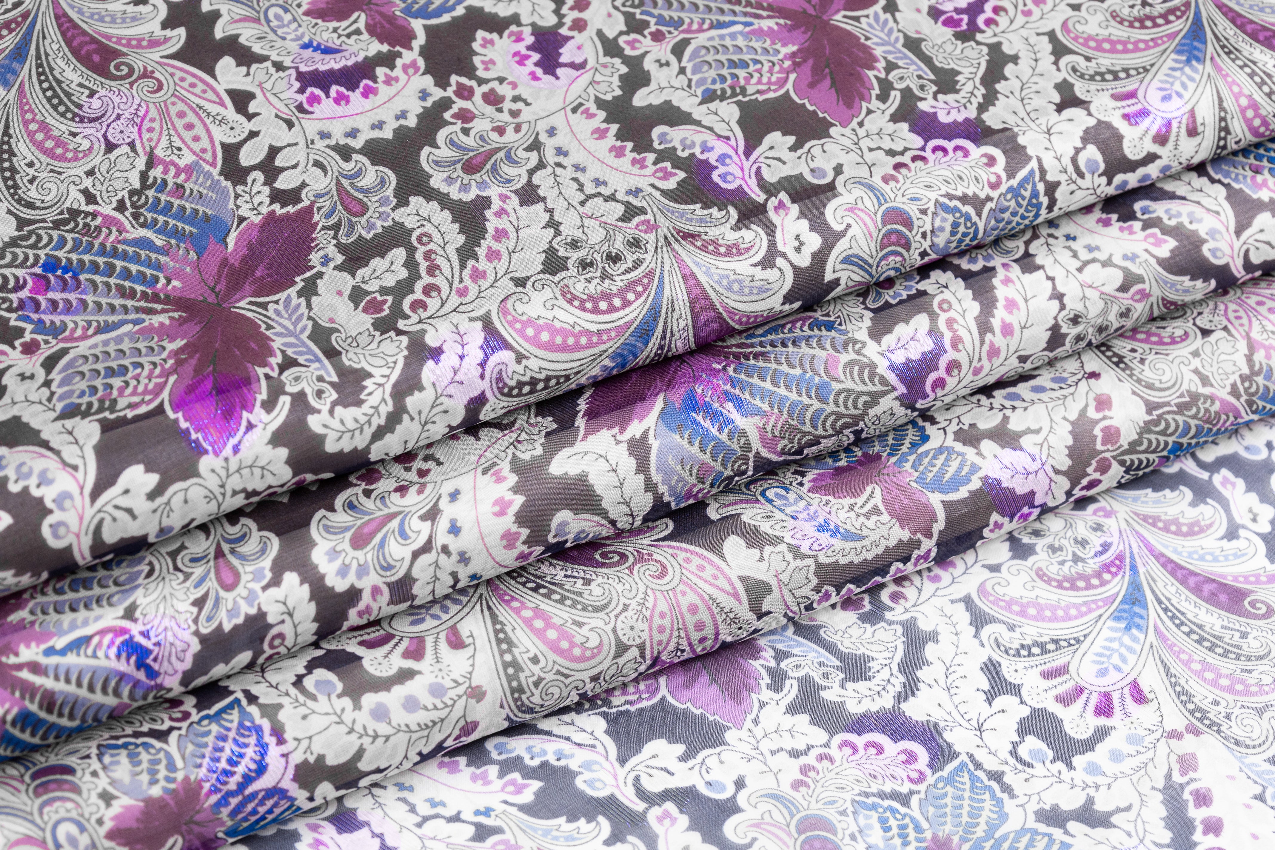 Paisley Floral Metallic Italian Silk Chiffon Fil Coupé - Navy / Purple