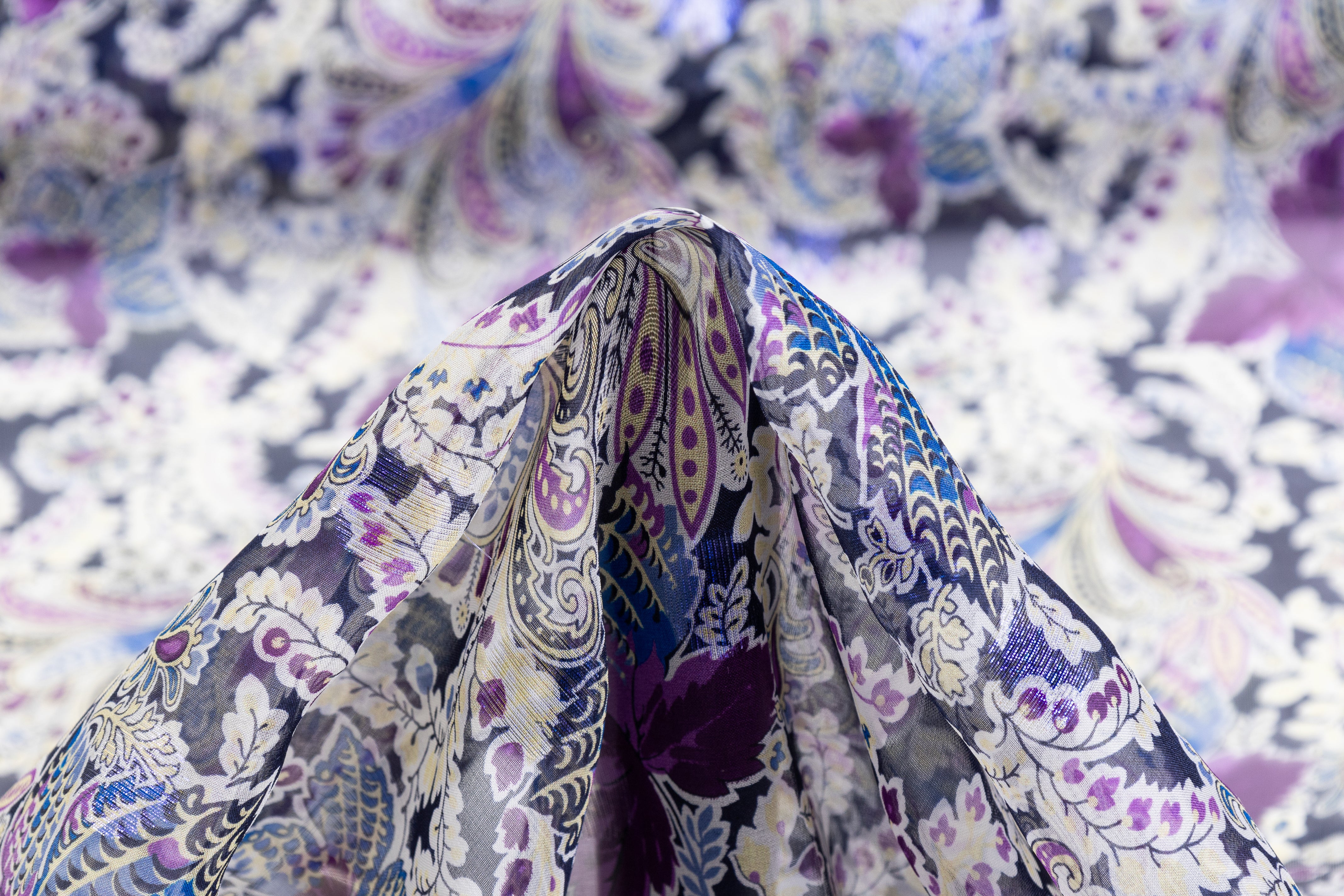 Paisley Floral Metallic Italian Silk Chiffon Fil Coupé - Navy / Purple