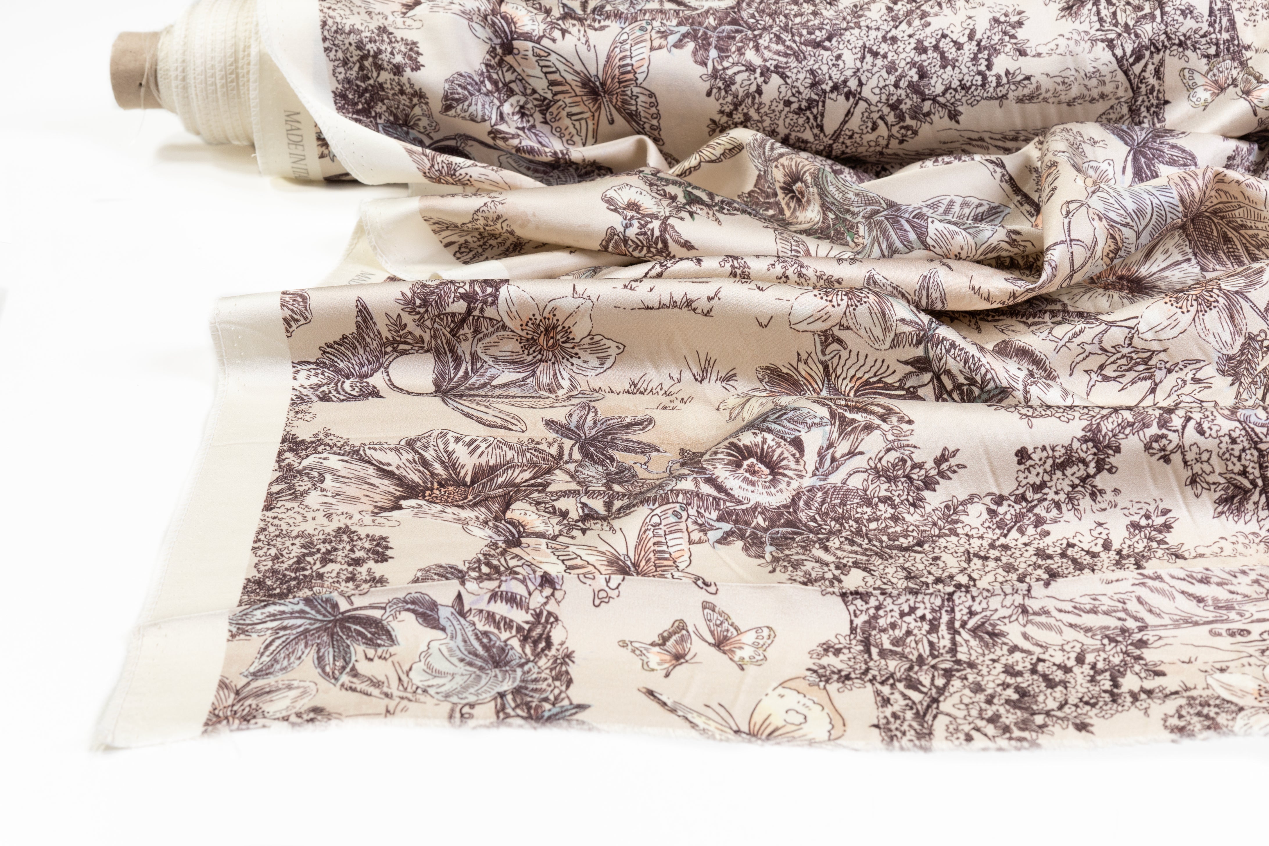 Luigi Verga - Floral Italian Silk Viscose Crepe Back Satin - Taupe